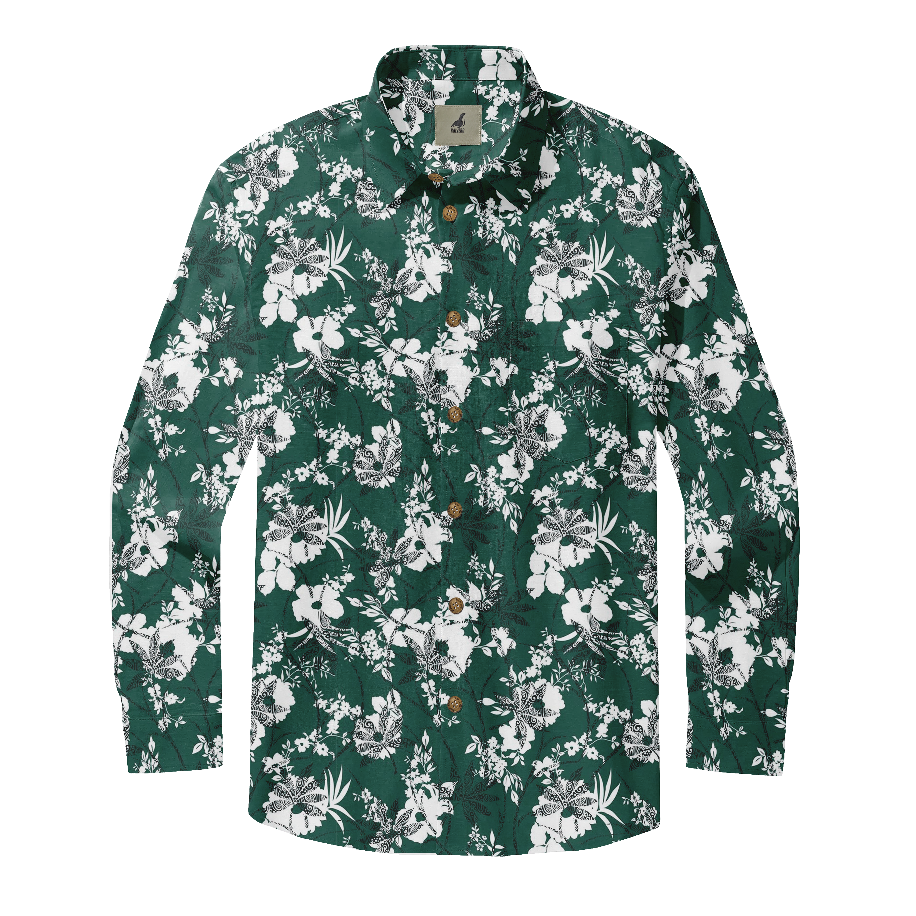 Green long-sleeve shirt with white floral pattern and wooden buttons.