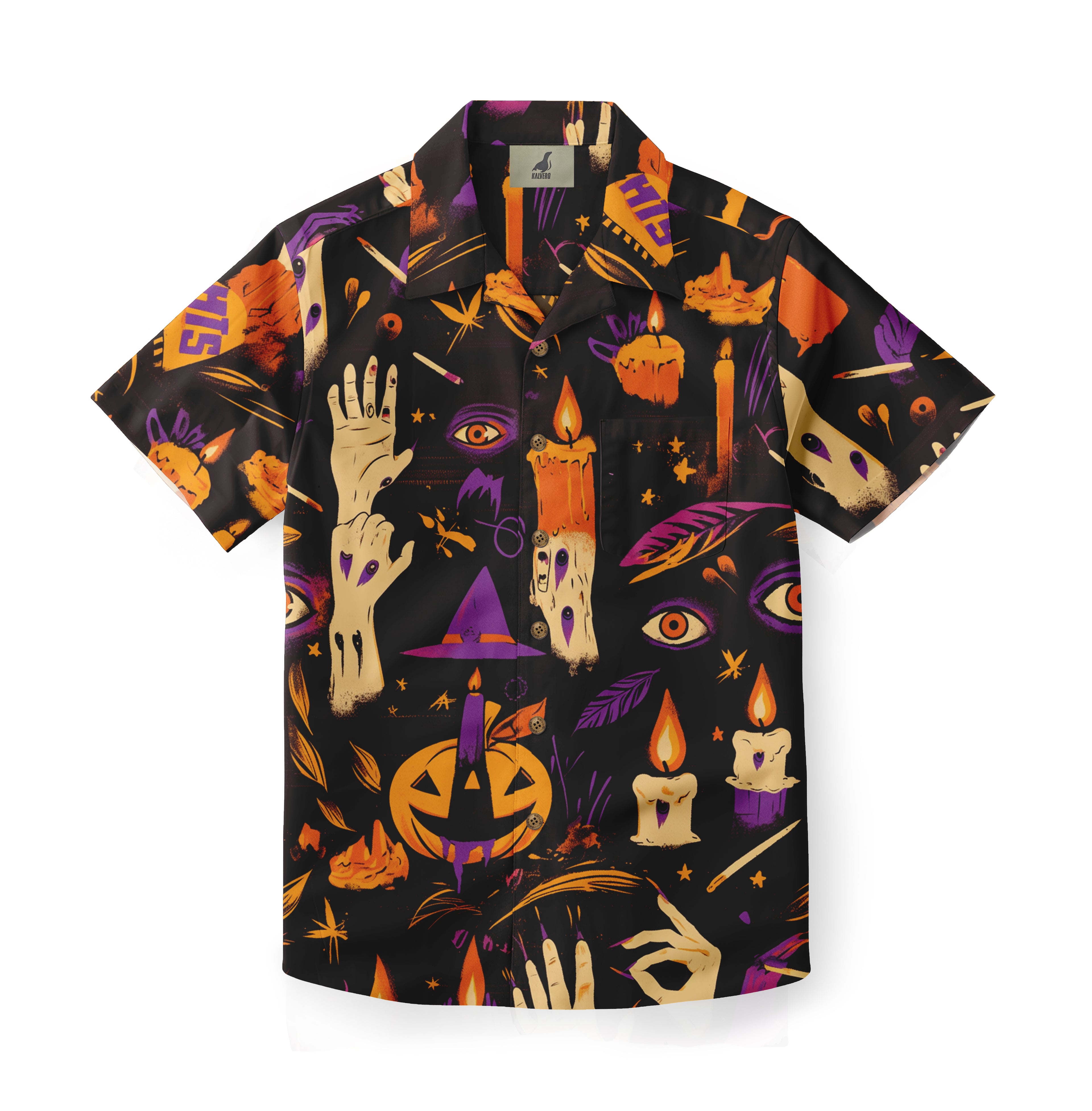 Halloween-themed black shirt with orange, purple, and white spooky.
