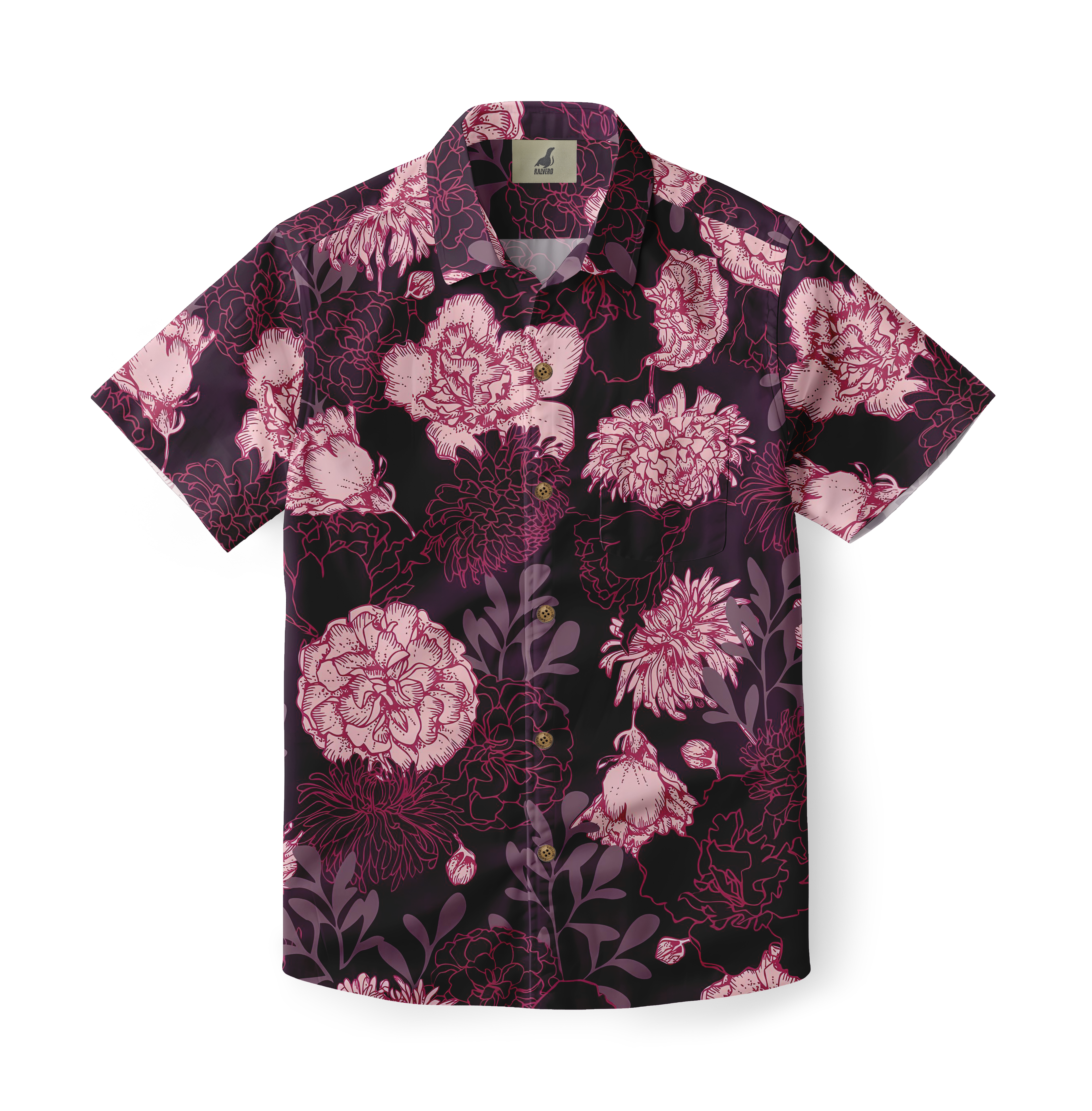 Black shirt with pink floral pattern, short sleeves.