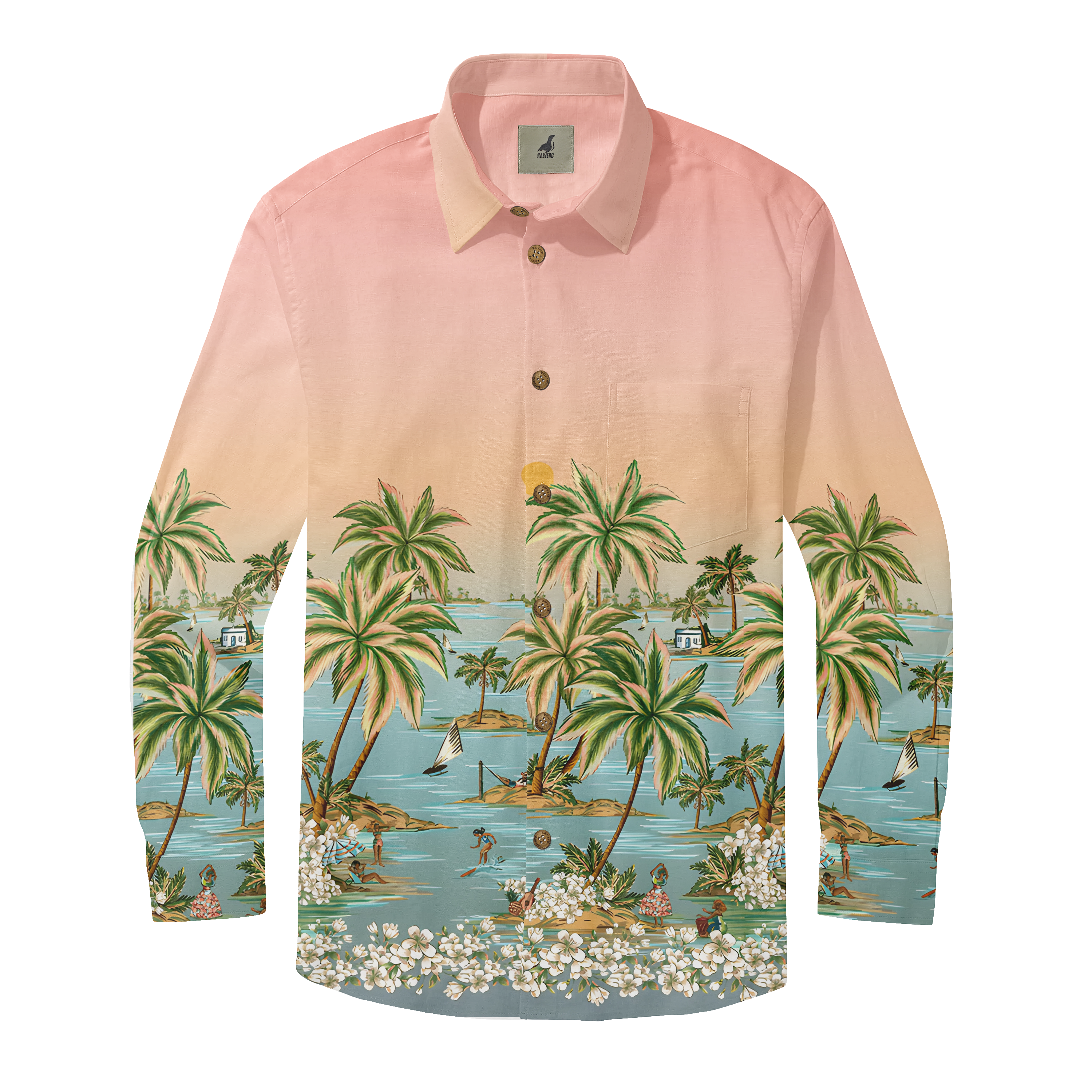 Pink tropical shirt with palm trees, flowers, and beach scenes.