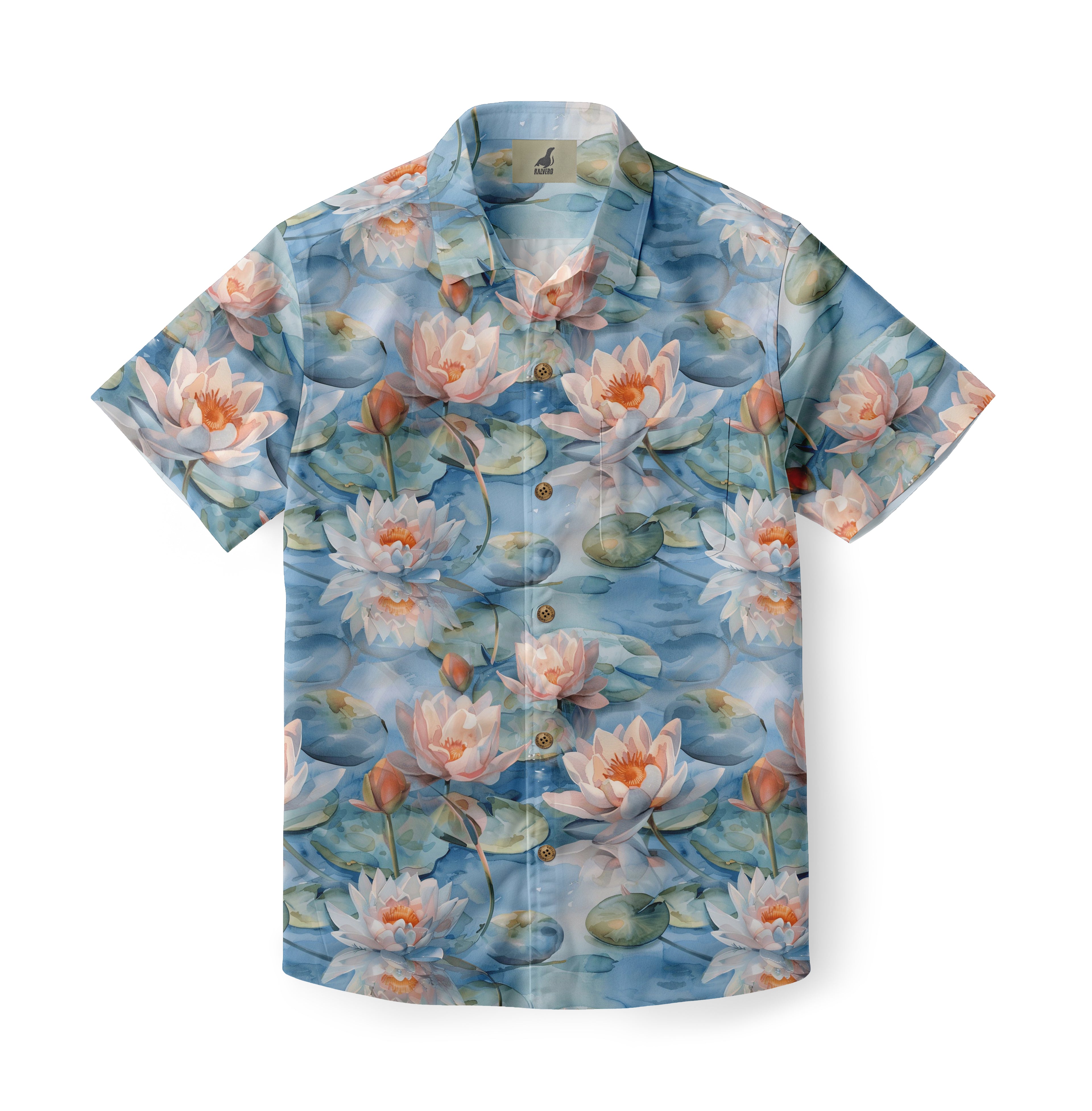 Blue shirt with pink water lilies and green leaves pattern.