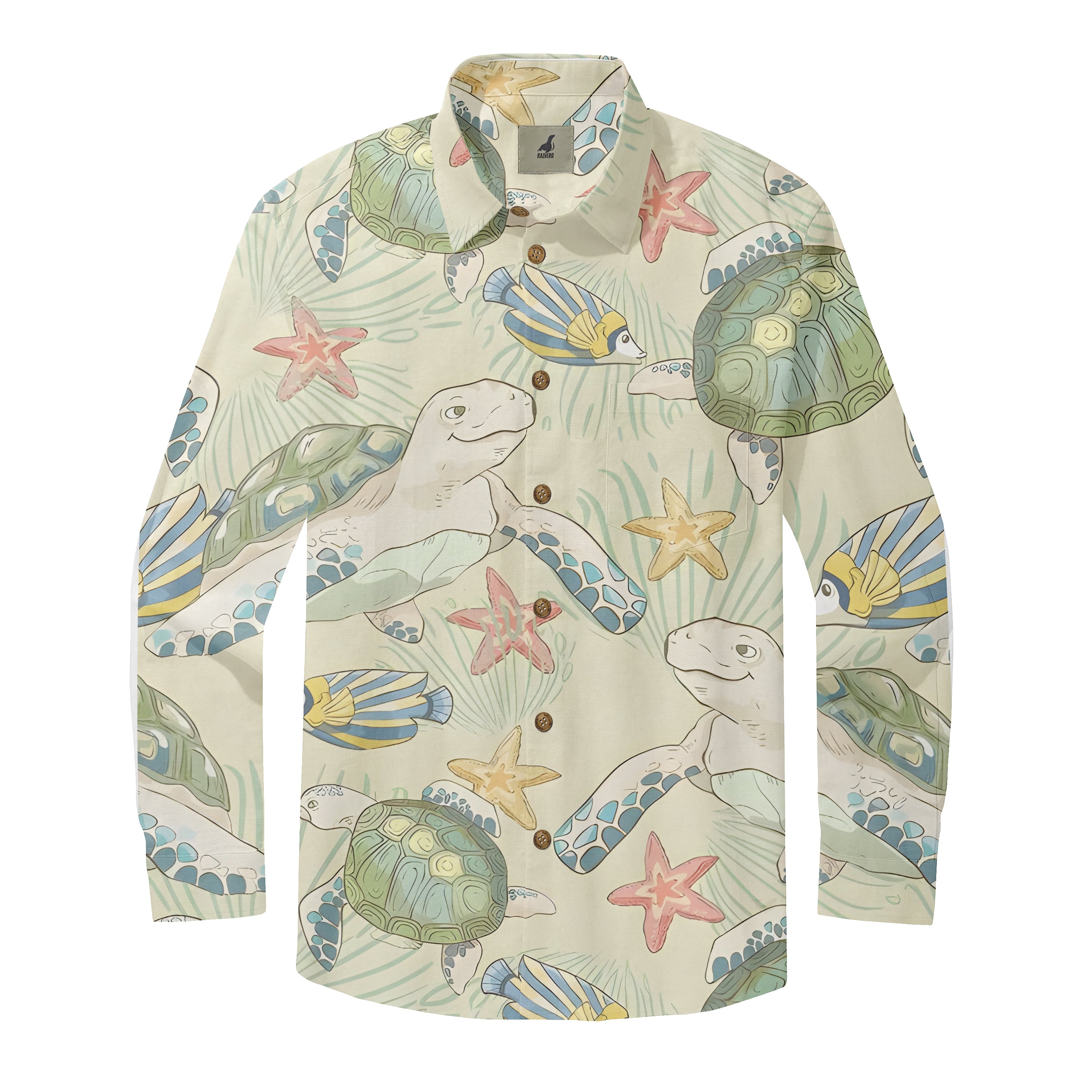 Beige long-sleeve shirt with sea turtles, starfish, and fish print.