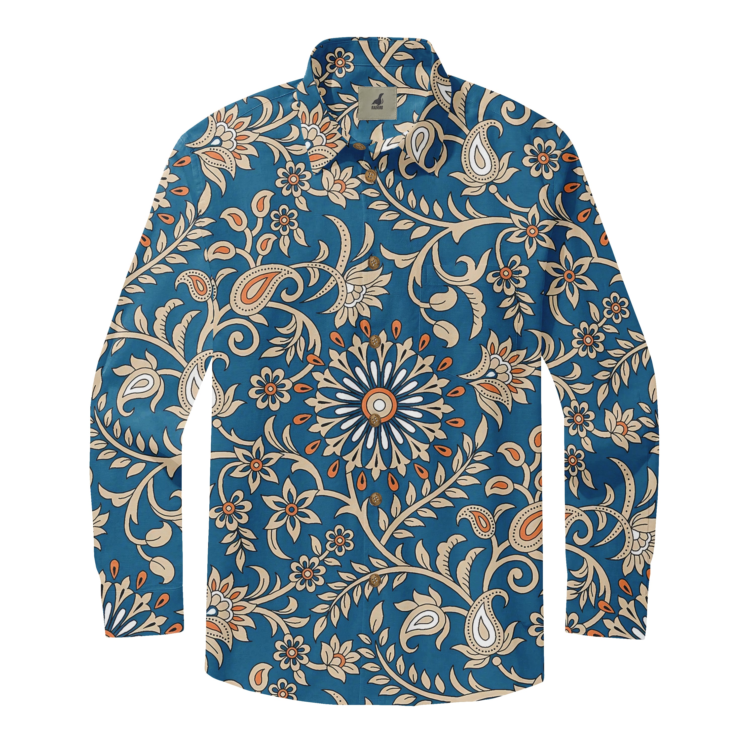 Blue long-sleeve shirt with intricate floral and paisley pattern.