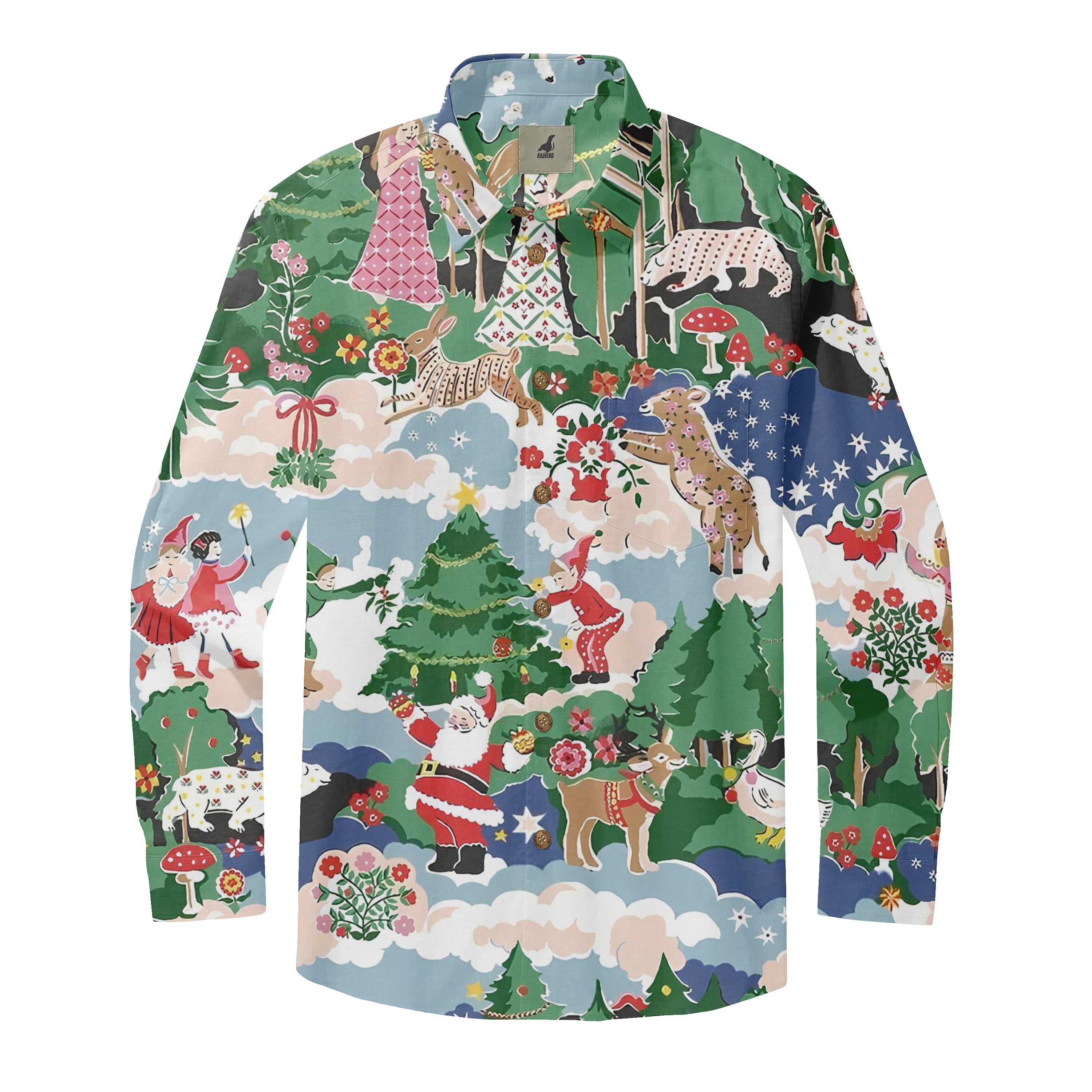 Colorful Christmas-themed shirt with festive characters, trees.
