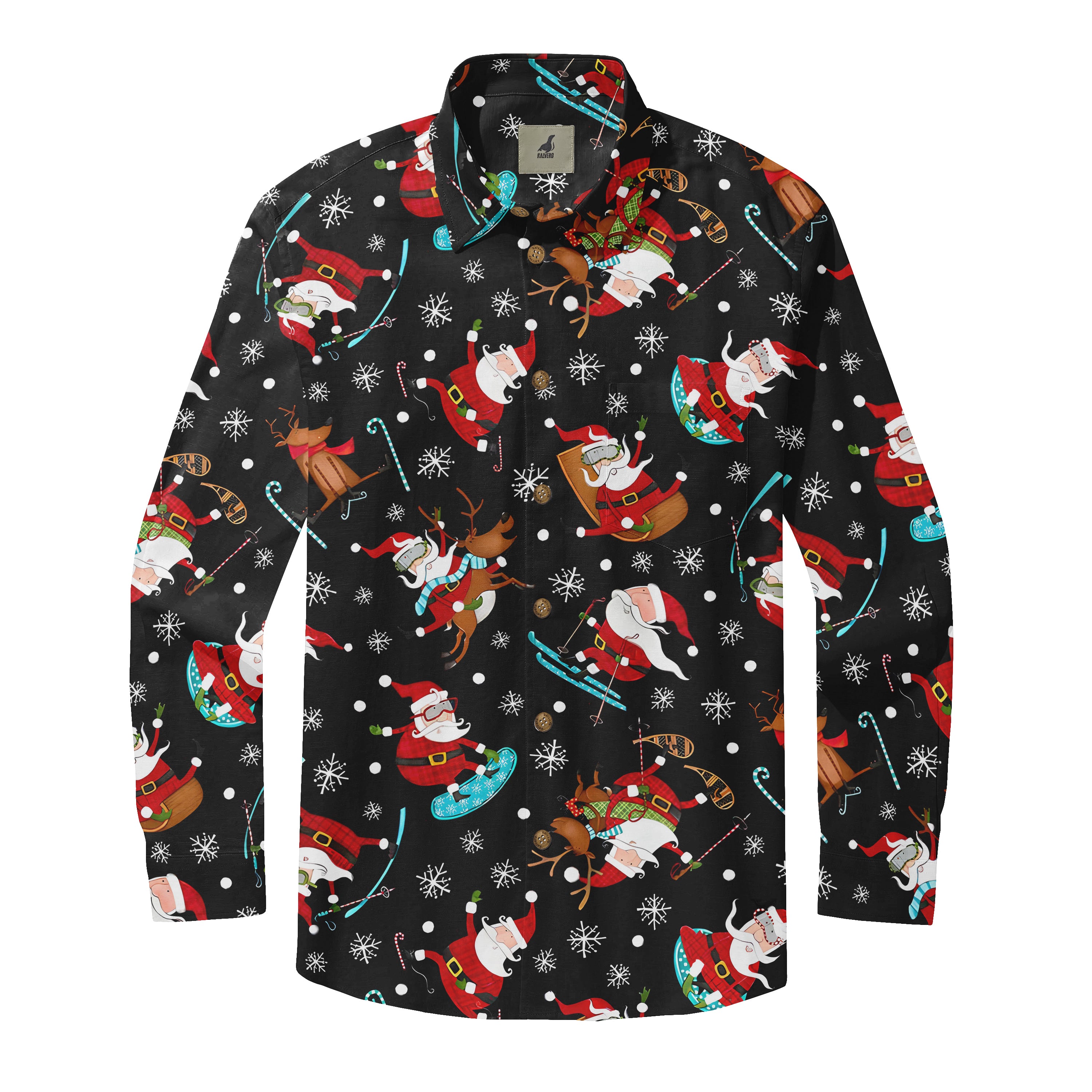 Black Christmas shirt with Santa, reindeer, snowflakes, and candy.