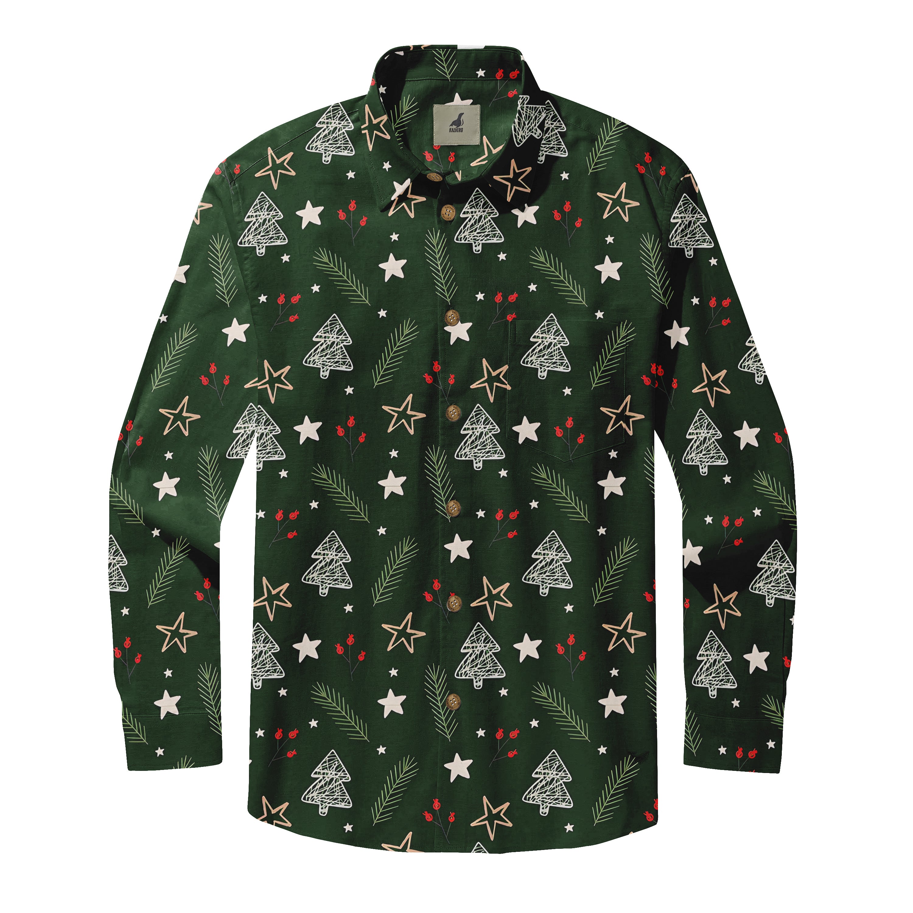 Green holiday shirt with white Christmas trees, stars, and red.
