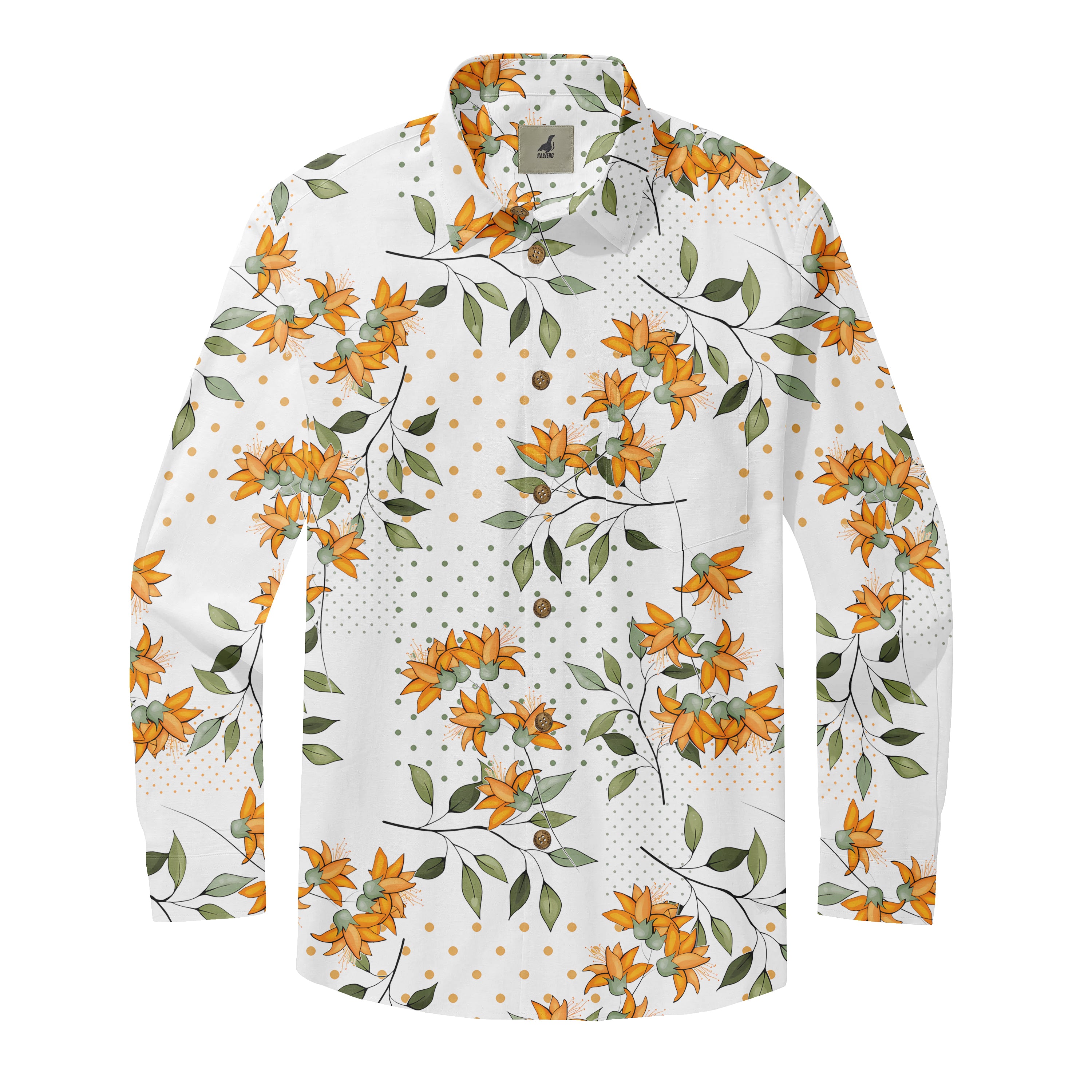 White shirt with orange flowers and green leaves pattern.