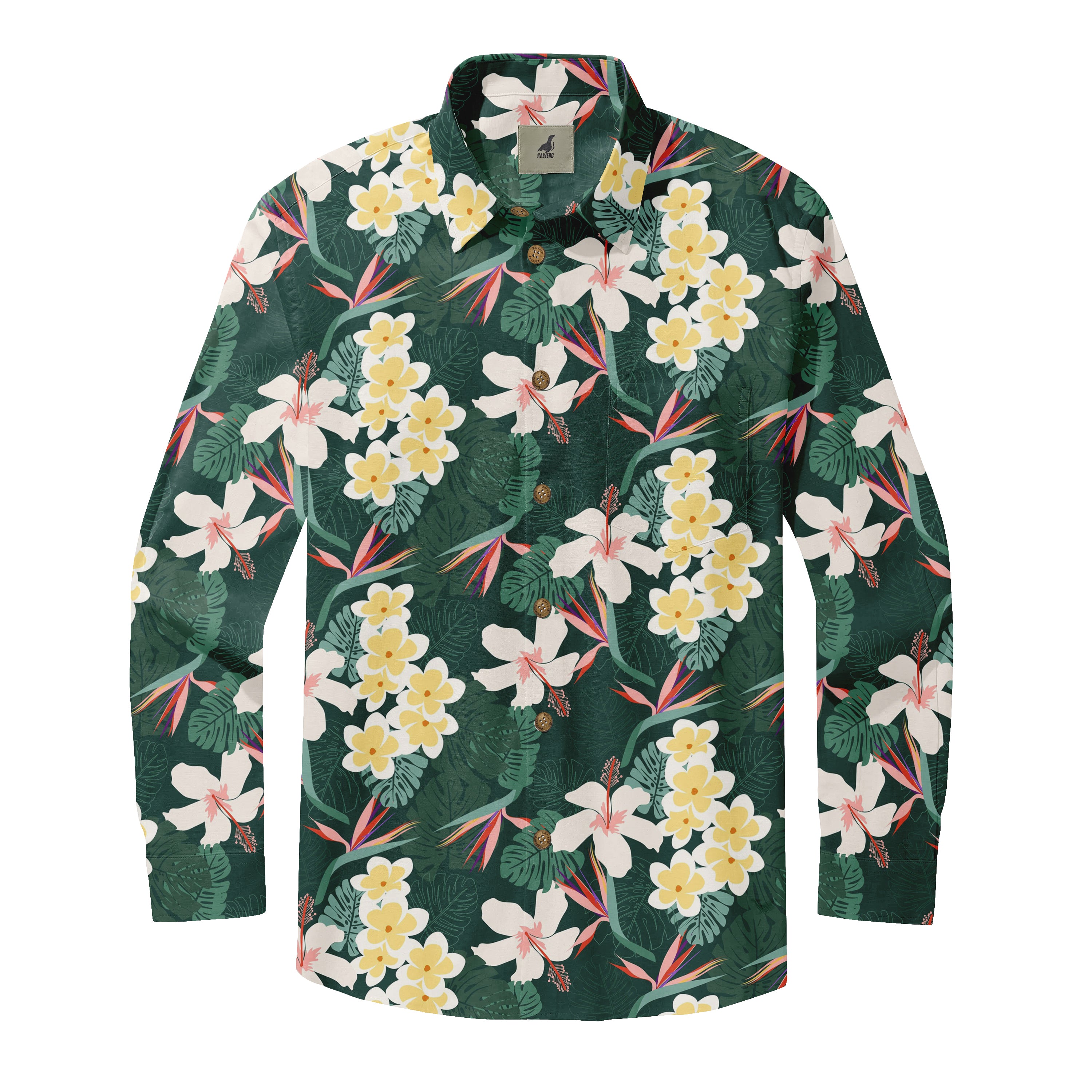 Dark green long-sleeve shirt with tropical floral pattern featuring.