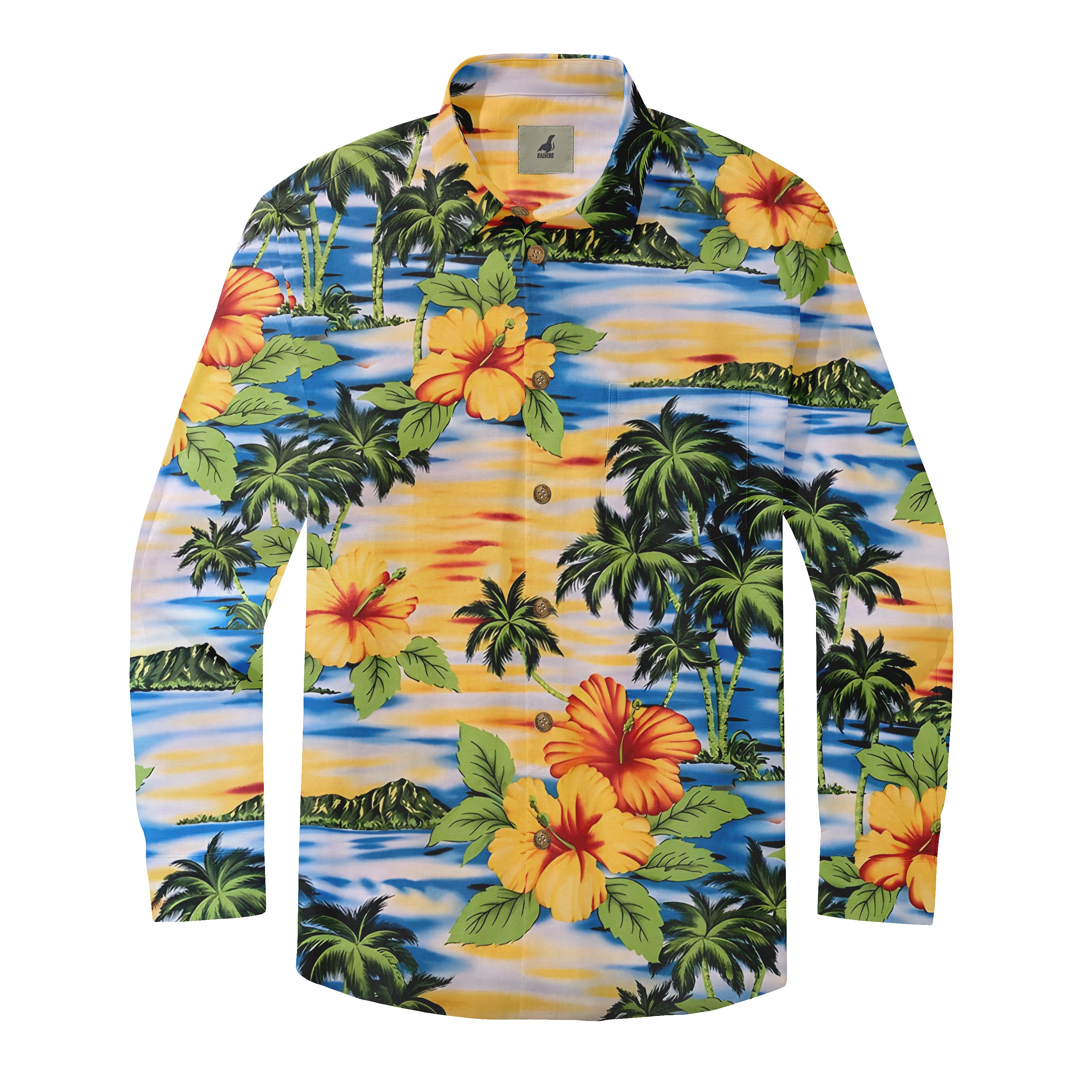 Vibrant tropical shirt with palm trees, hibiscus flowers, and ocean.