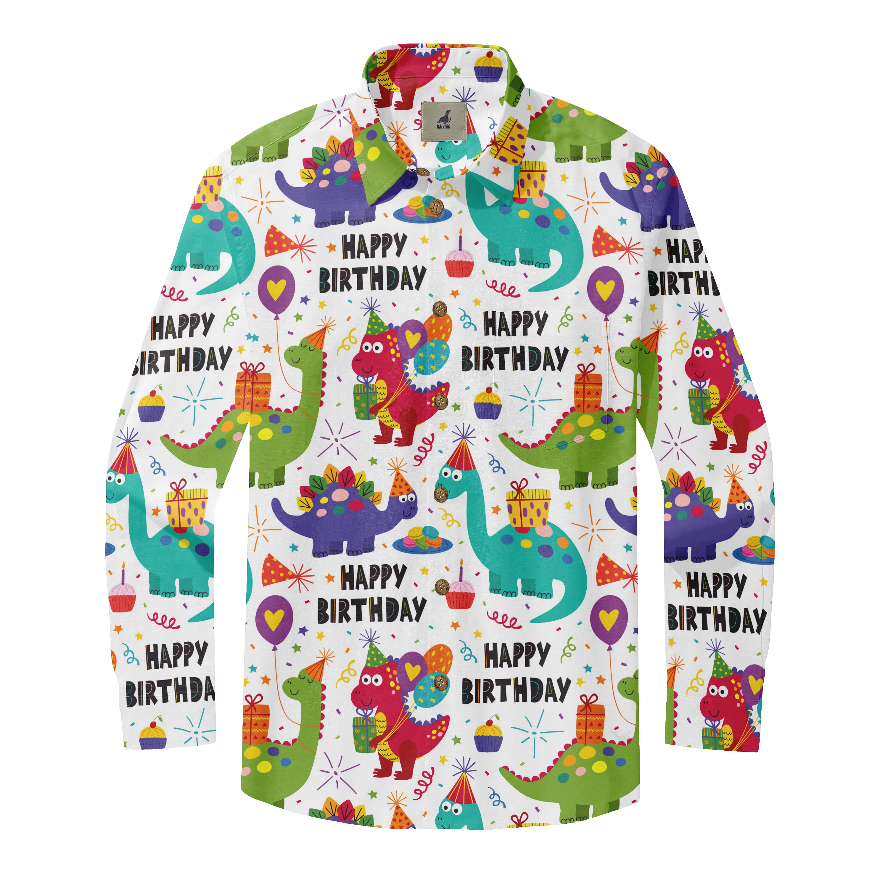Colorful dinosaur birthday shirt with "Happy Birthday" text.