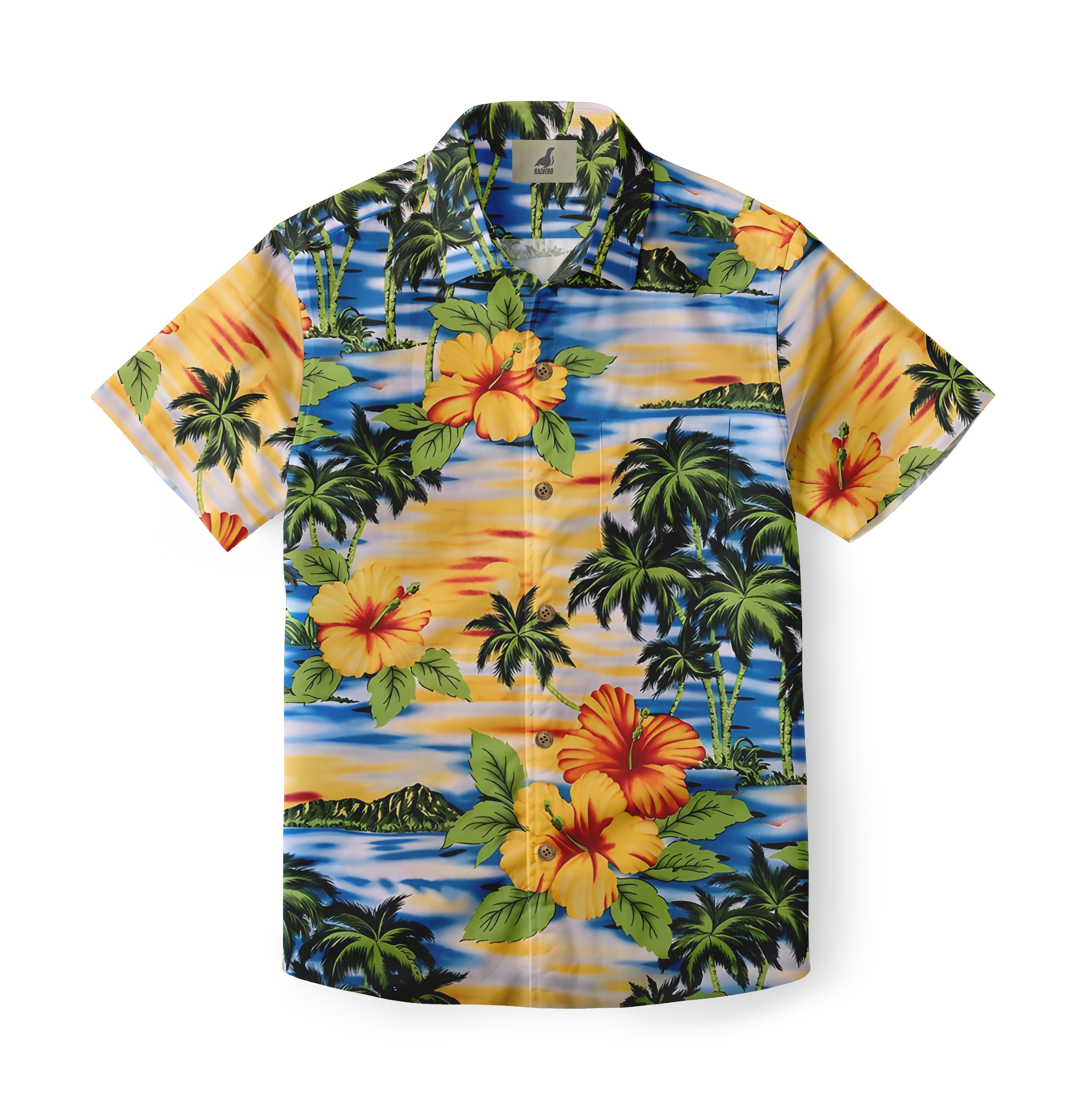 Vibrant Hawaiian shirt with tropical palm trees, hibiscus flowers.