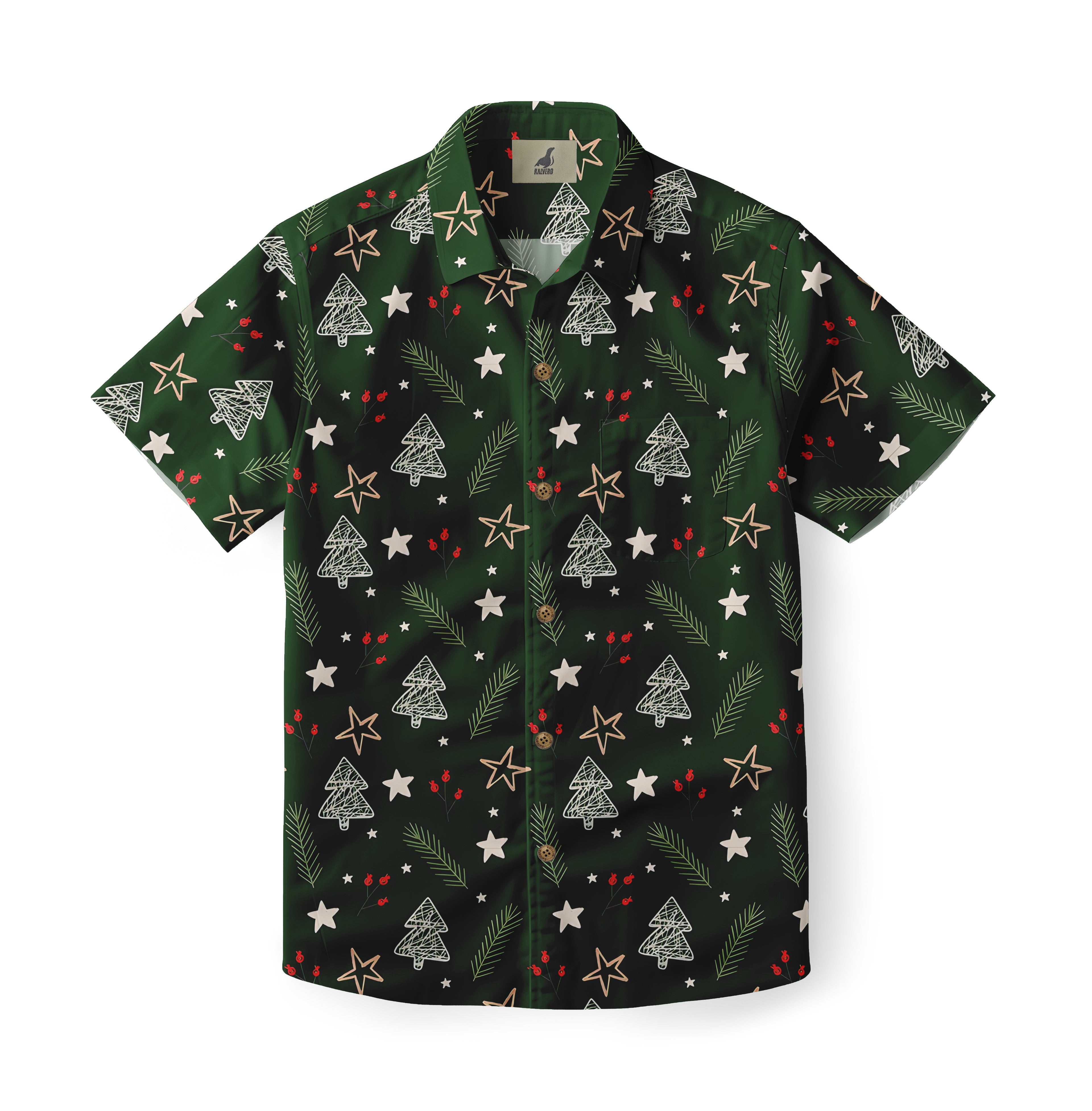 Green Christmas-themed short-sleeve shirt with tree, star, and berry.