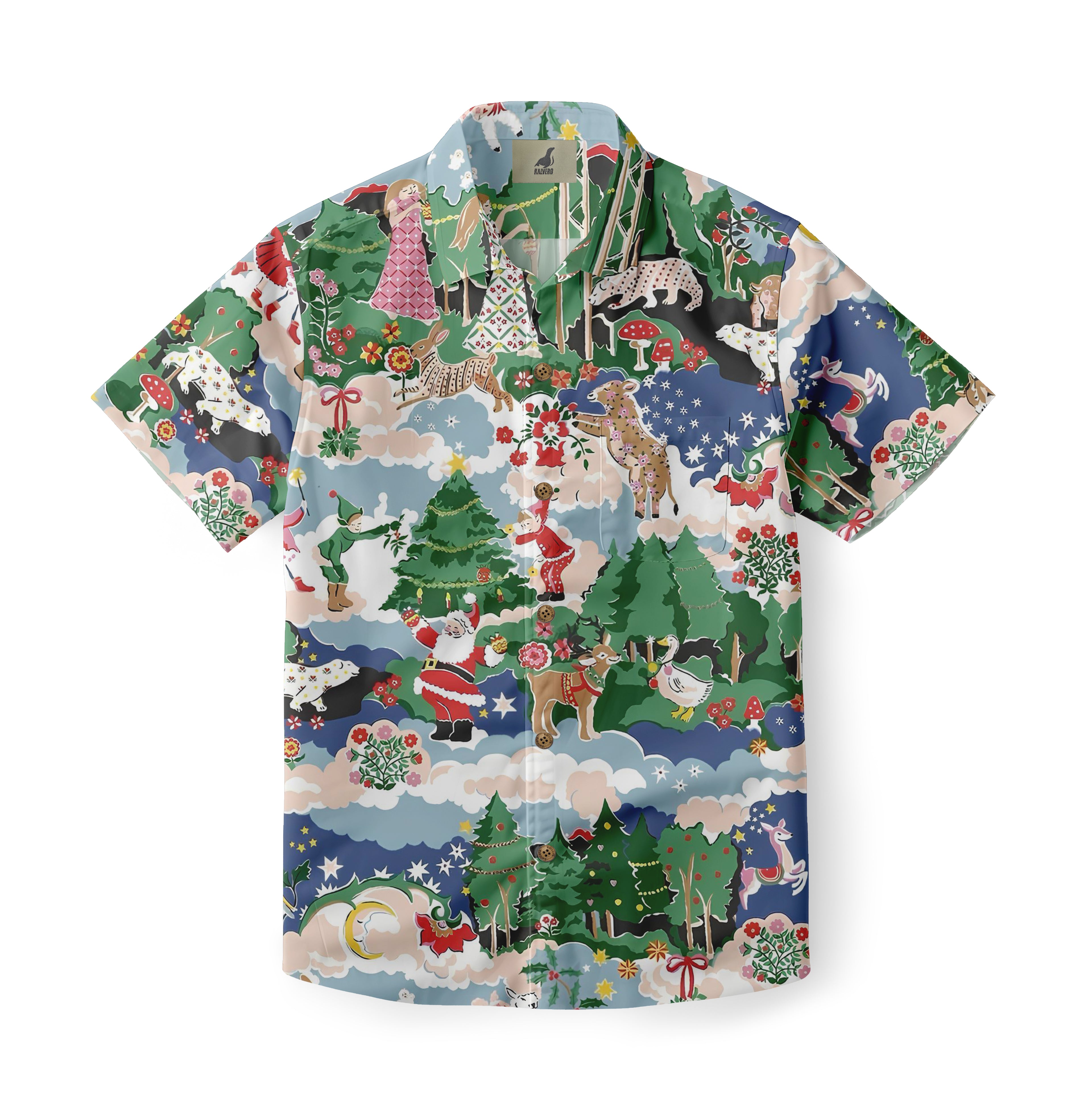 Colorful Christmas-themed Hawaiian shirt featuring Santa, reindeer.