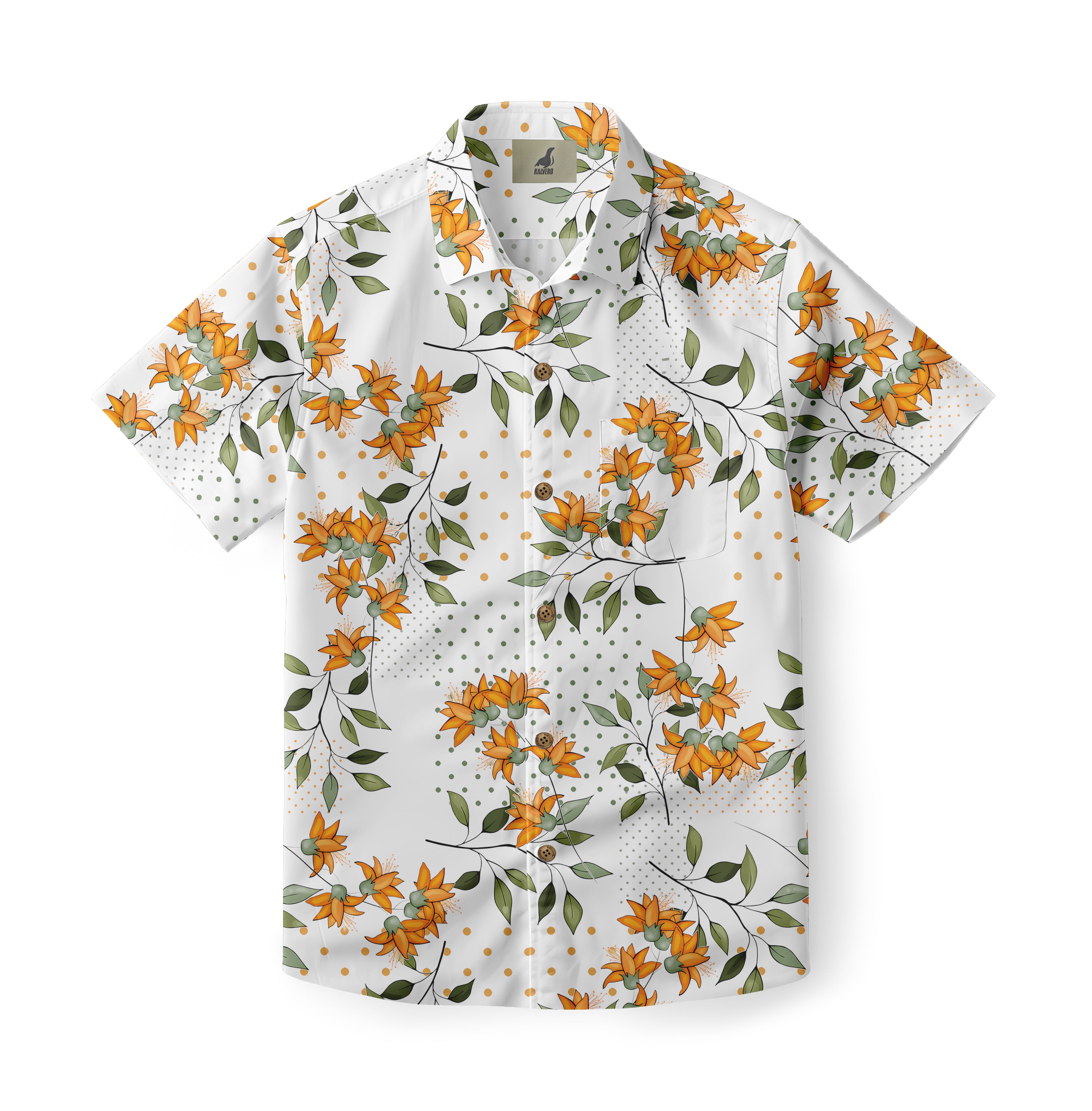 White shirt with orange flowers and green leaves pattern.