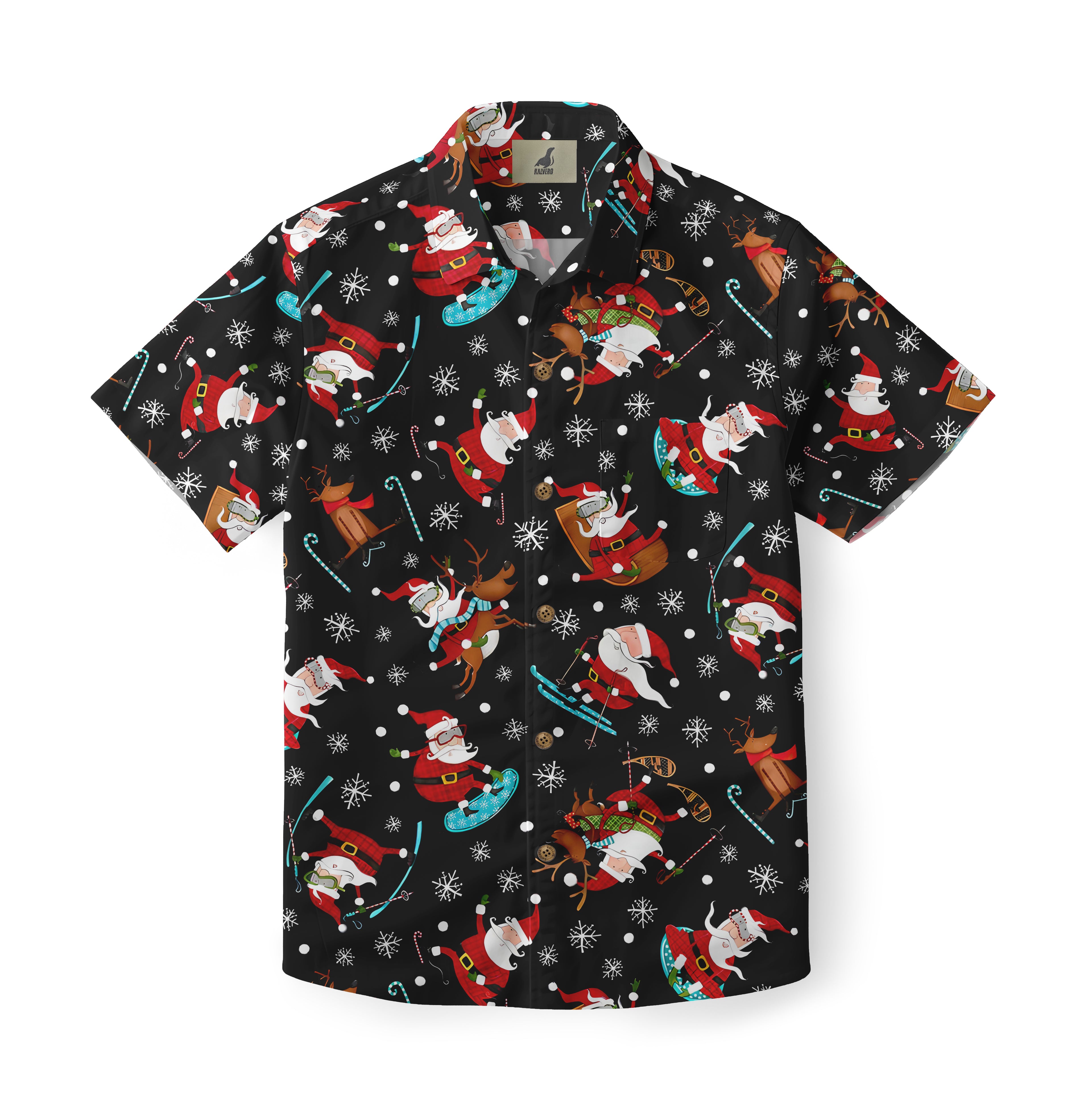 Black Hawaiian shirt with festive Santa, reindeer, snowflakes.