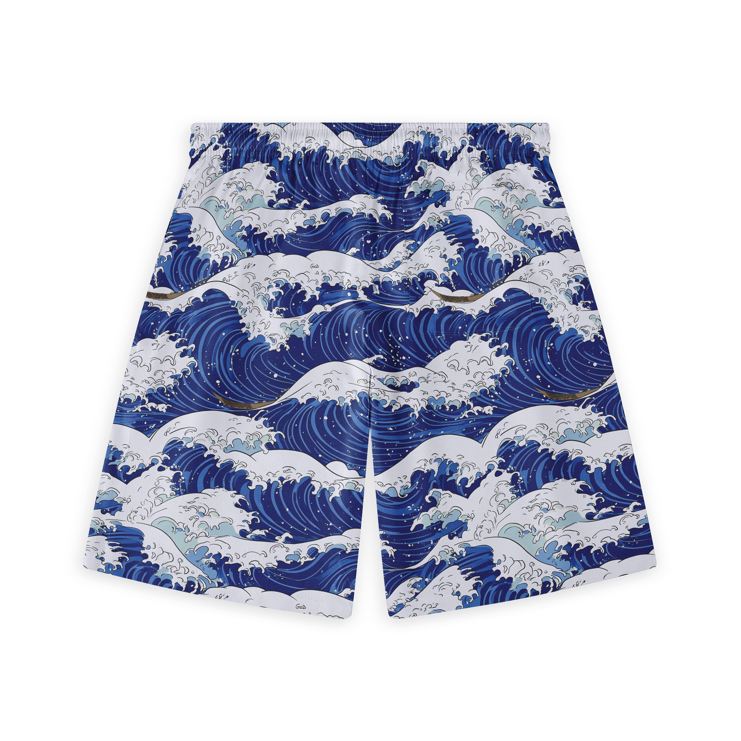 Blue and white wave-patterned shorts inspired by "The Great Wave off.