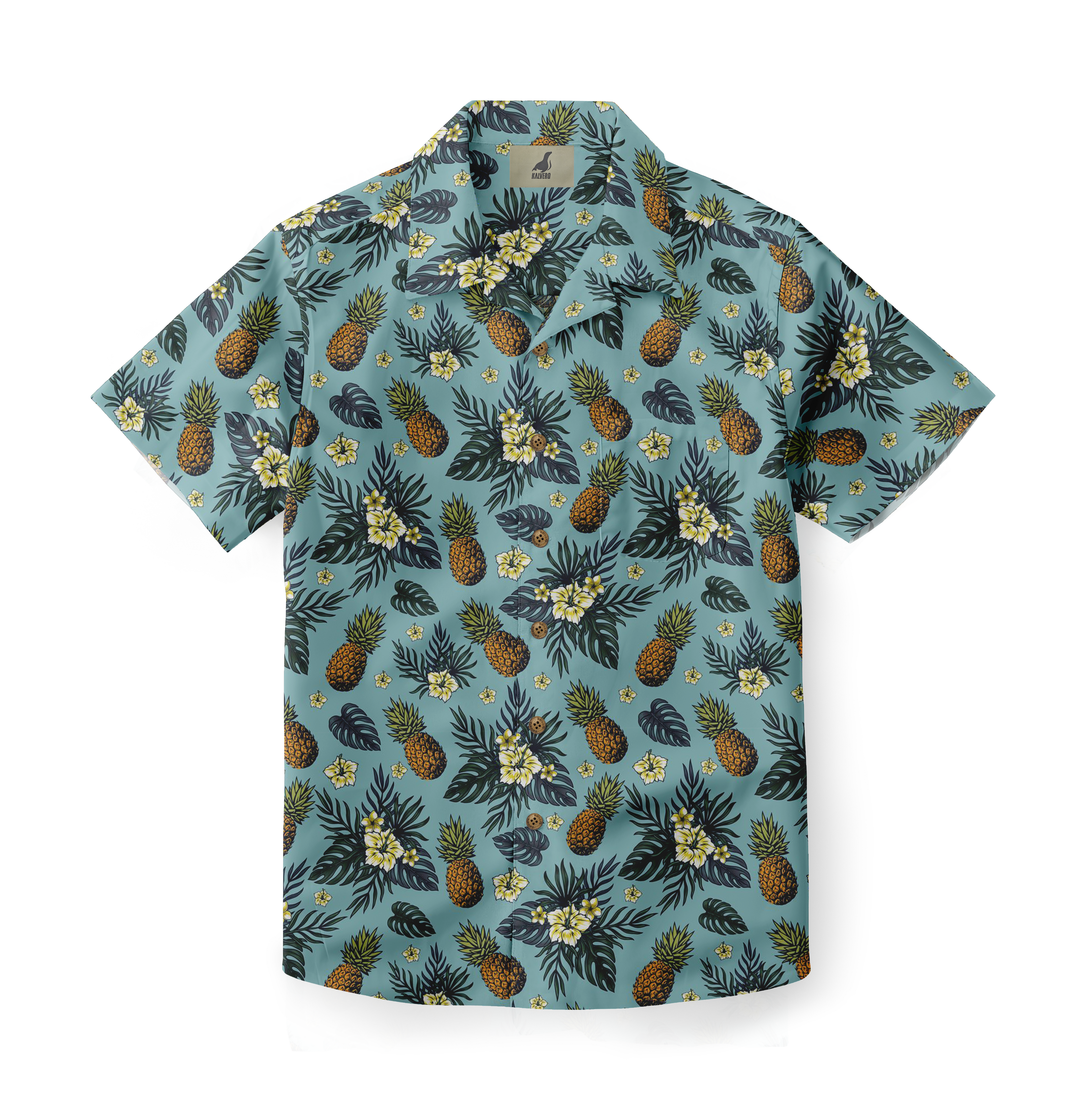 Teal shirt with pineapple and floral pattern.