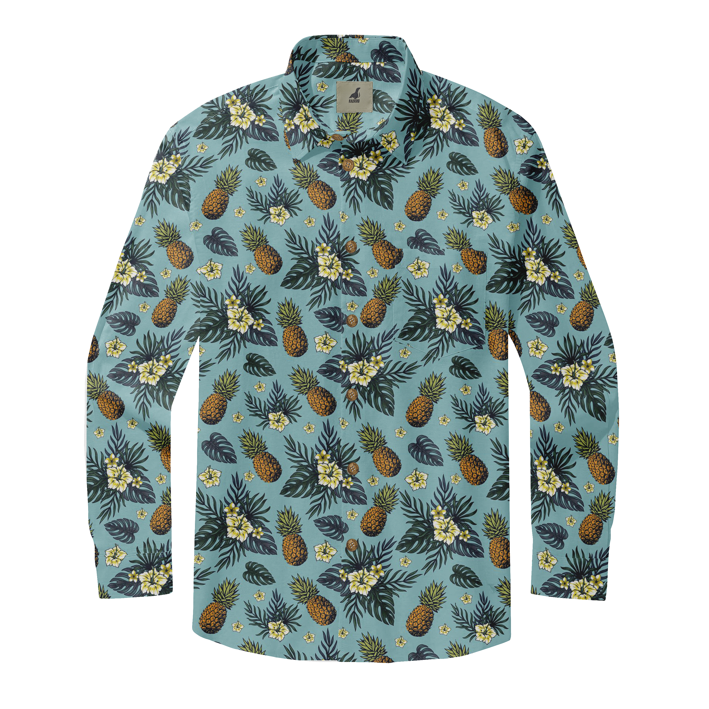 Tropical print shirt with pineapples, flowers, and leaves on a teal.