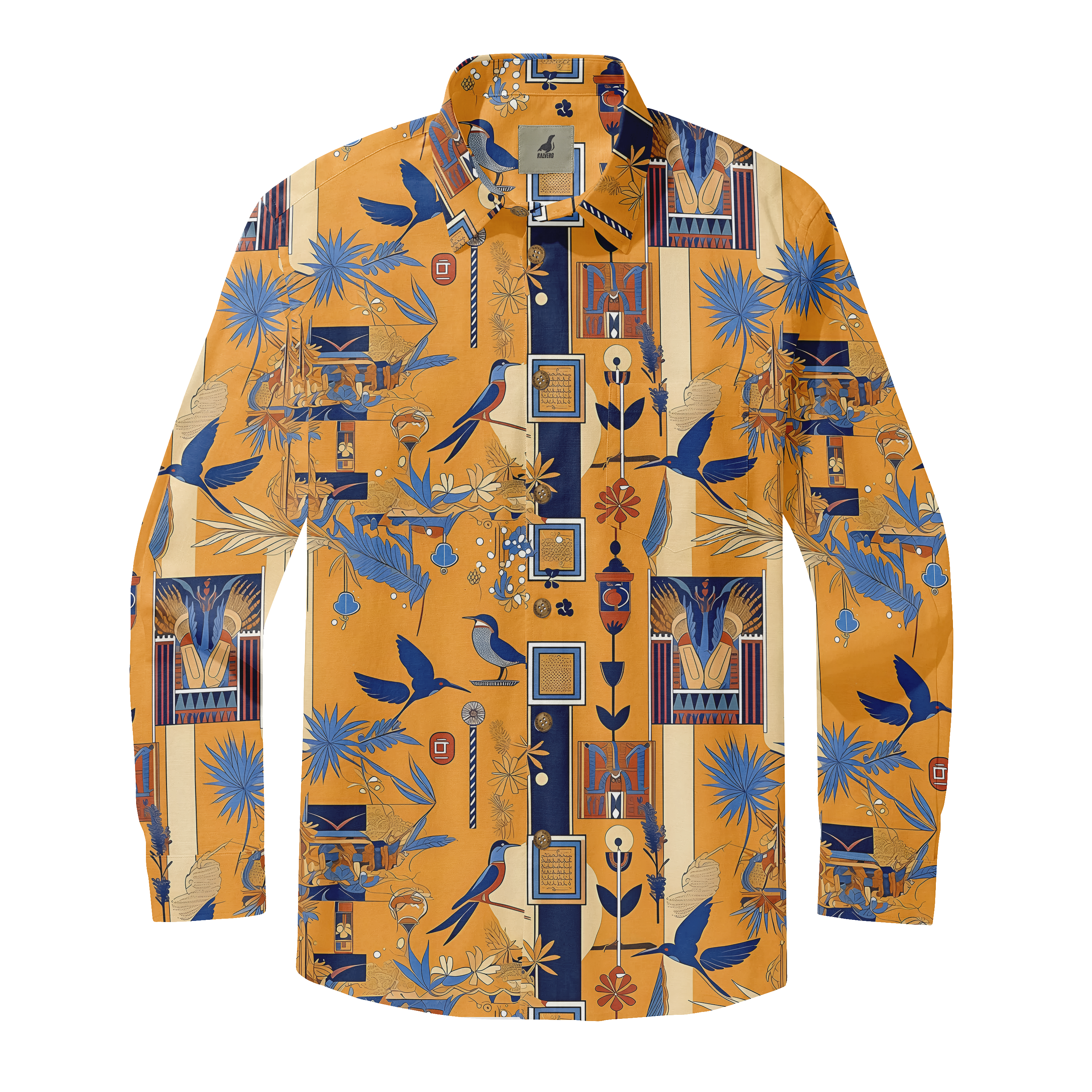 Vibrant orange shirt with intricate blue and red Egyptian-inspired.