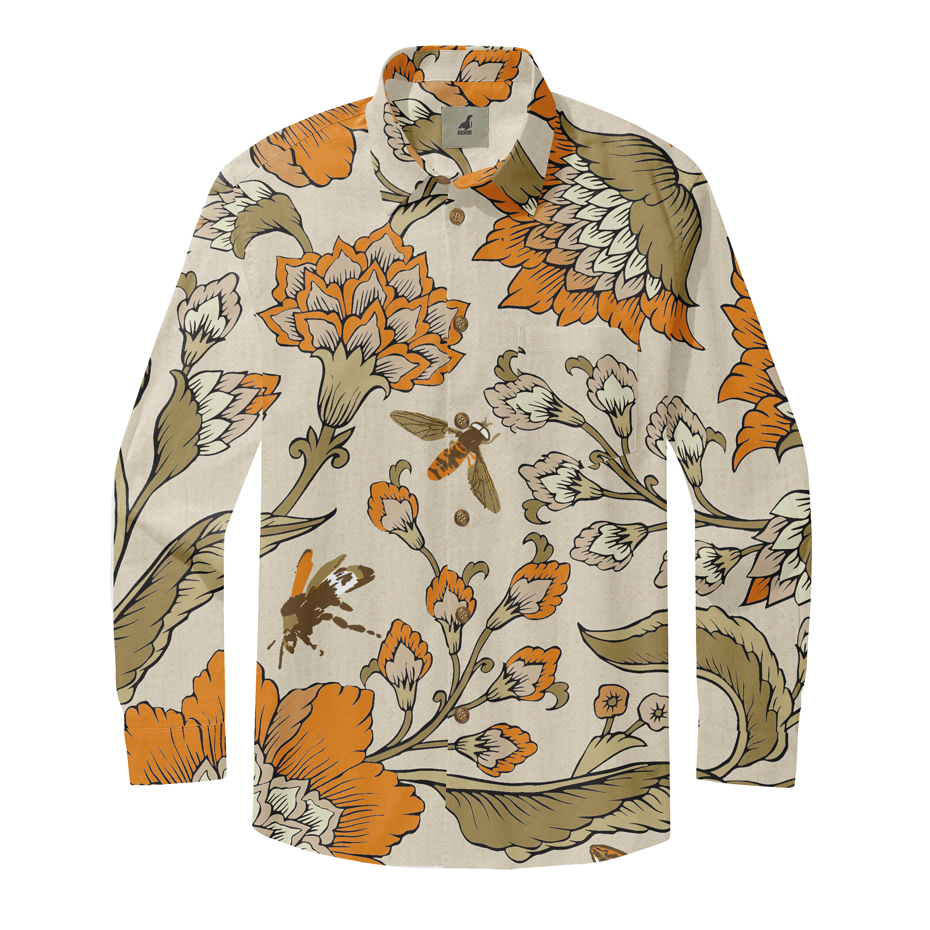 Beige long-sleeve shirt with orange and green floral pattern.