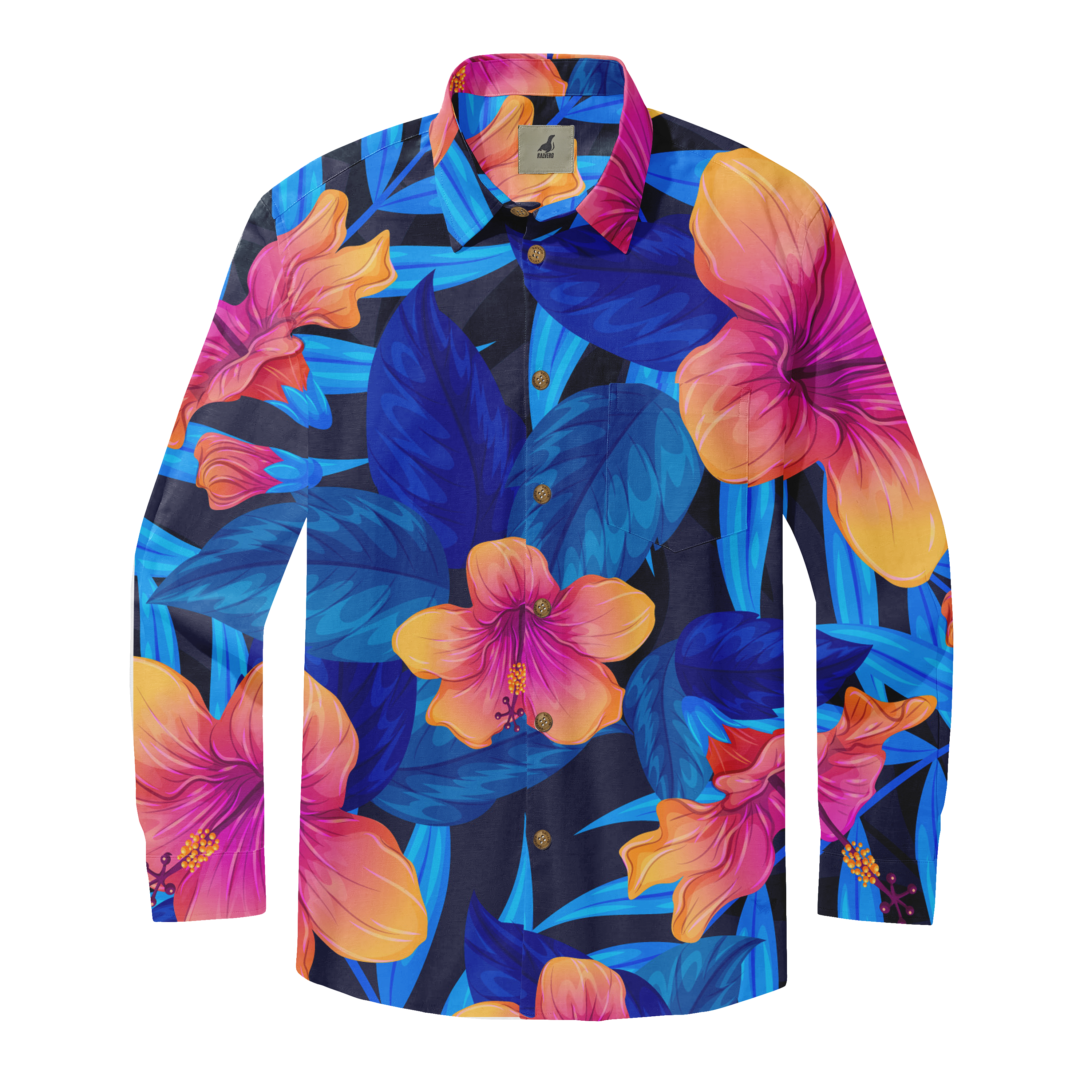 Vibrant floral shirt with bold pink, orange, and blue hibiscus.