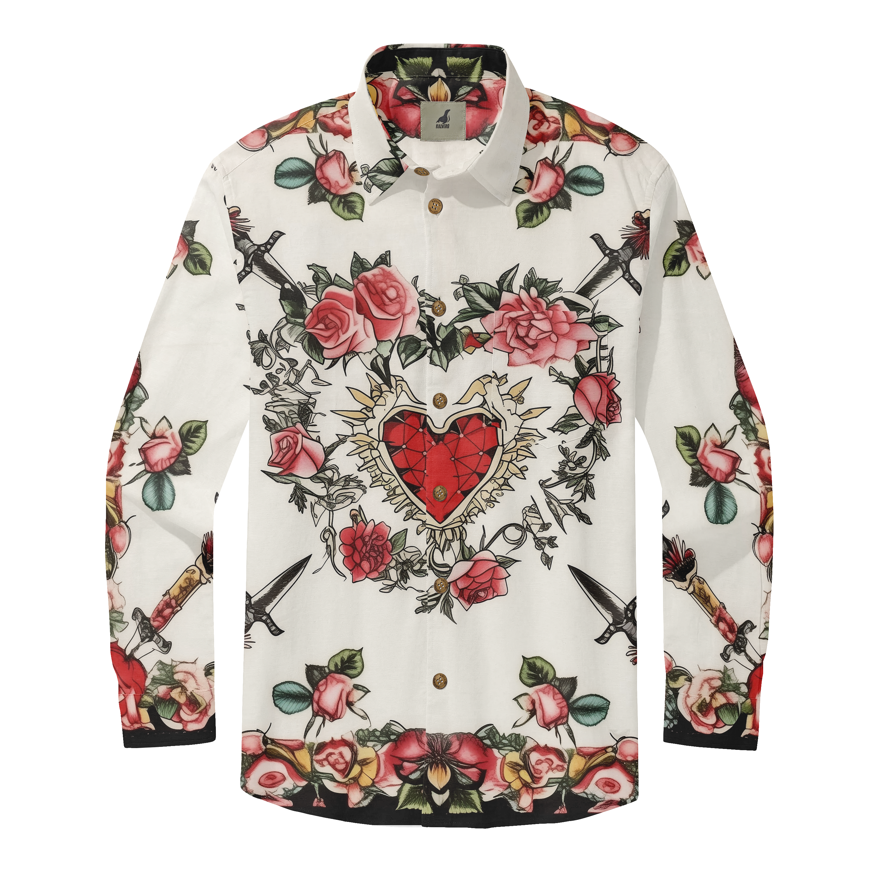 White shirt with floral and dagger print, featuring a central red.