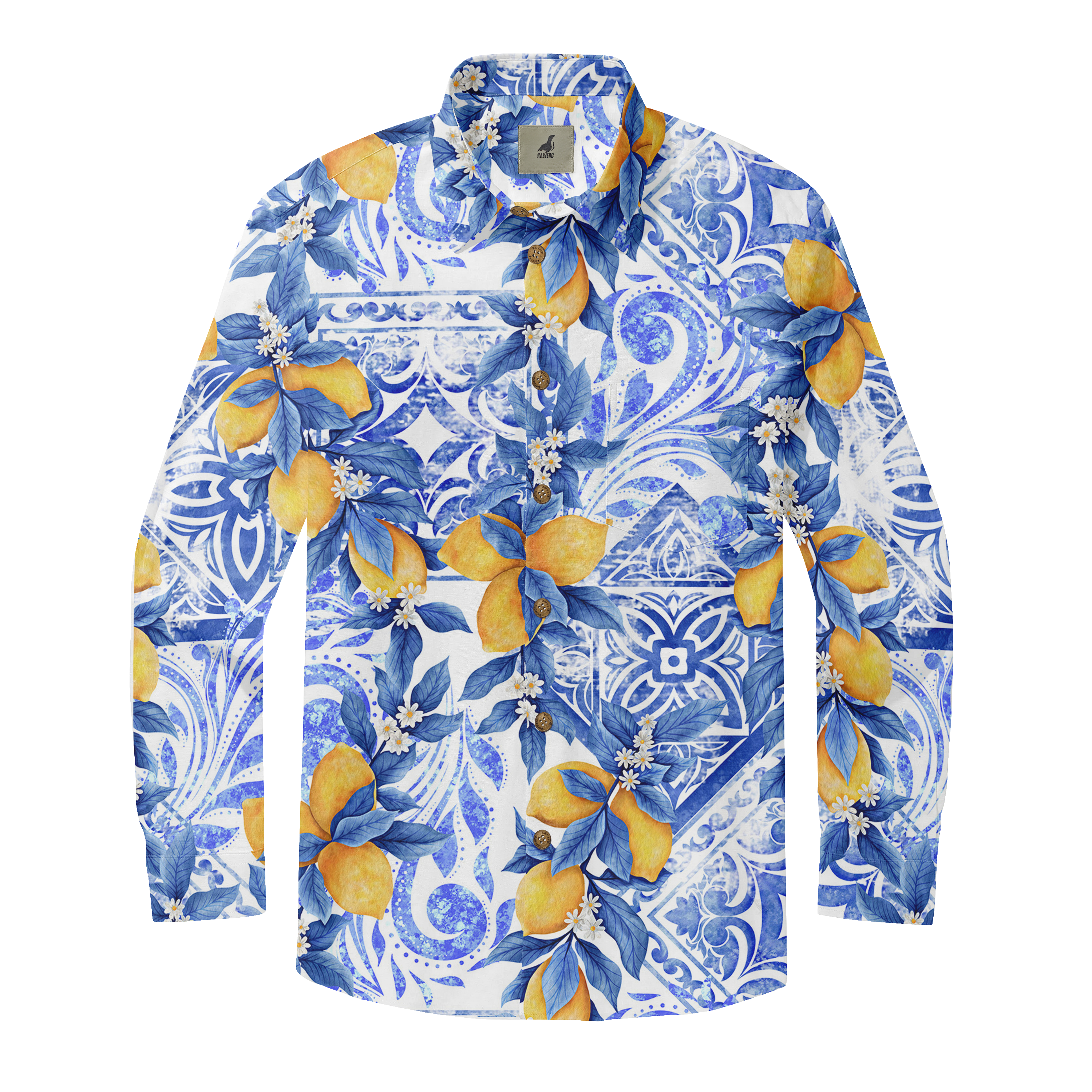 Blue and white patterned shirt with lemon and floral design.