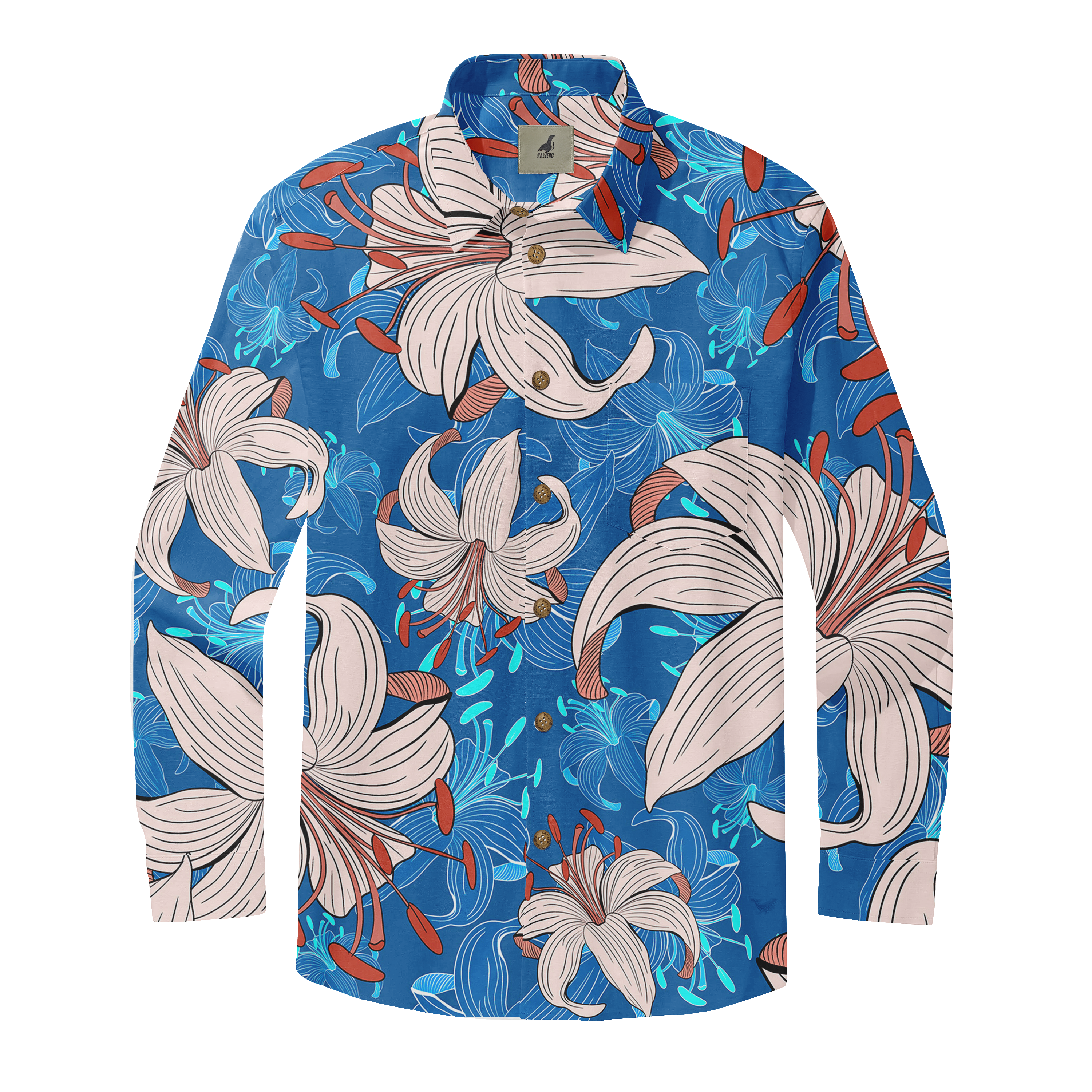 Blue floral shirt with white and red lilies, gold buttons.