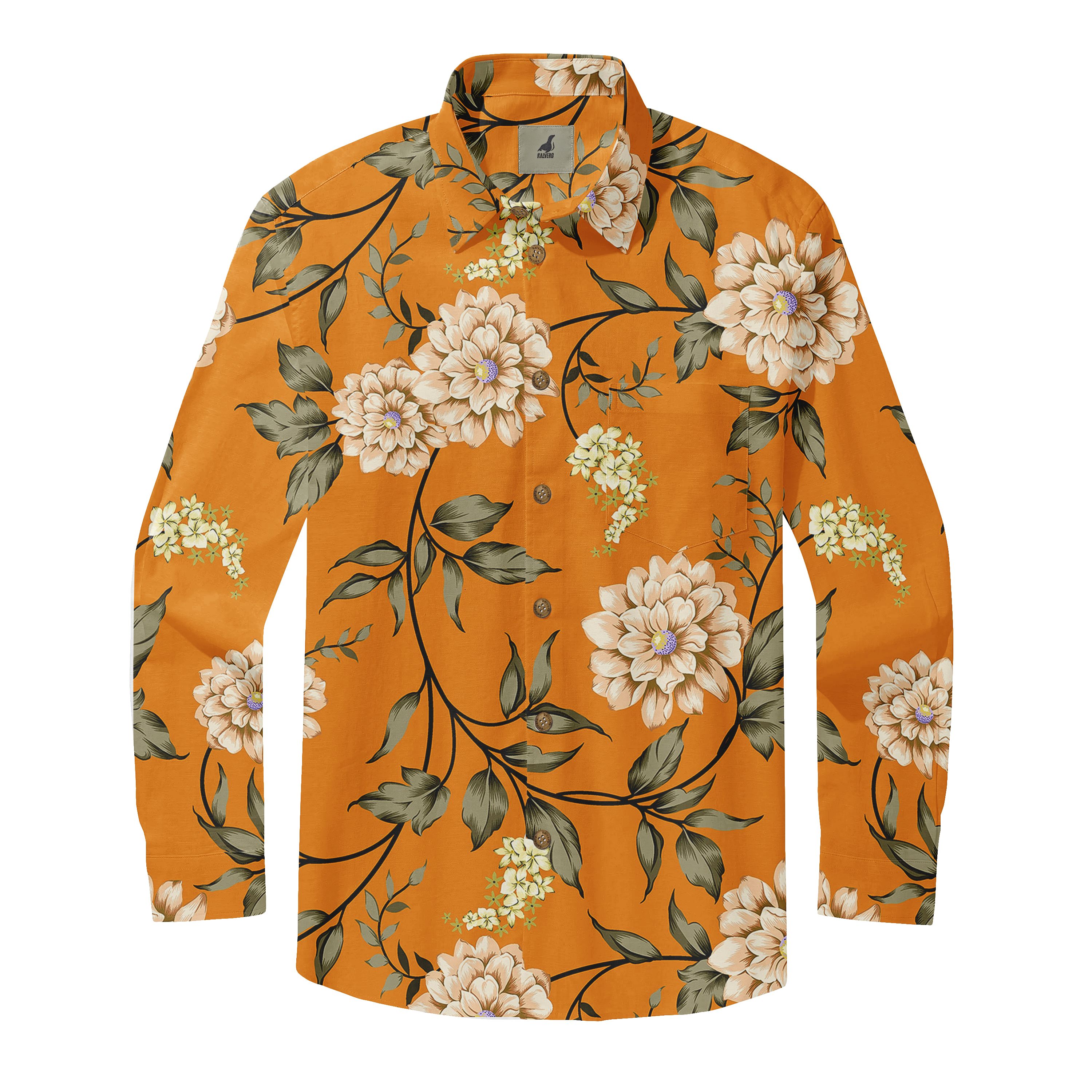 Orange long-sleeve shirt with floral pattern featuring beige flowers.
