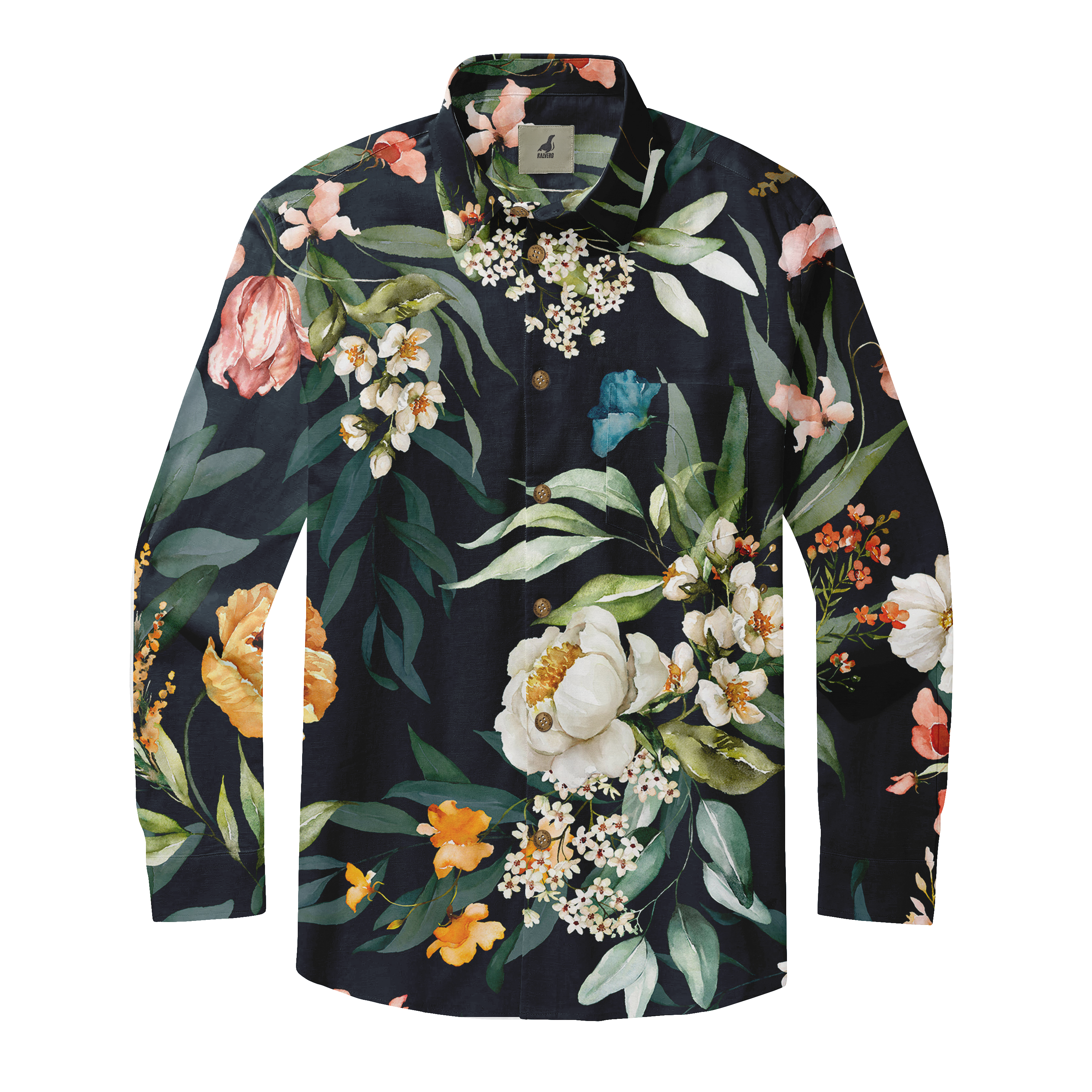 Black long-sleeve shirt with vibrant floral print featuring pink.