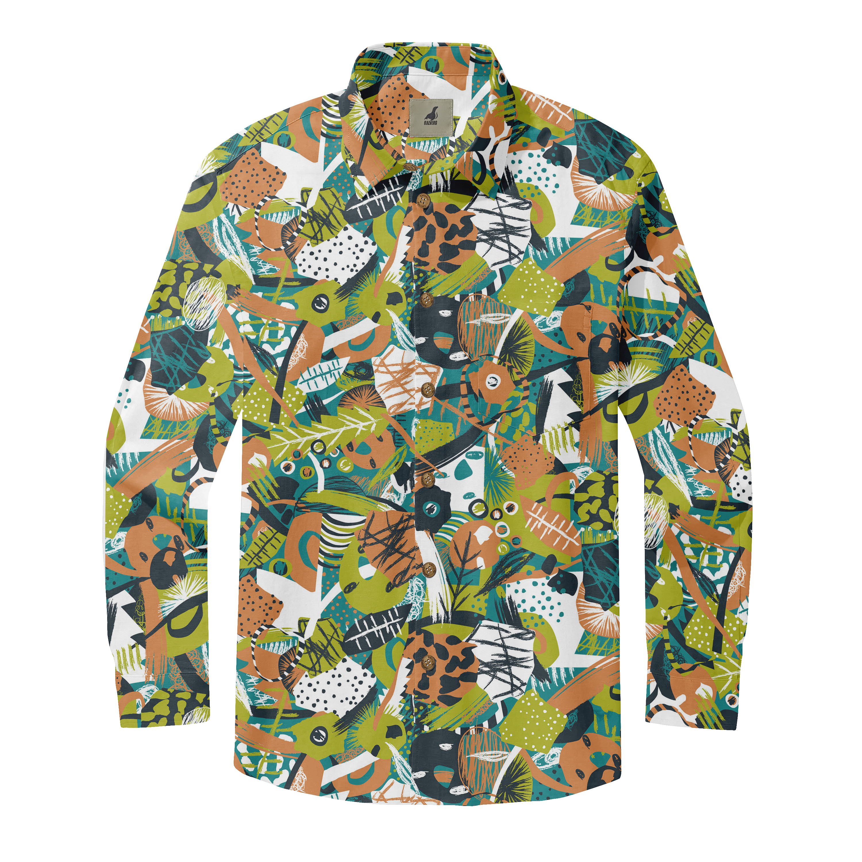 Colorful patterned long-sleeve shirt with abstract tropical design.