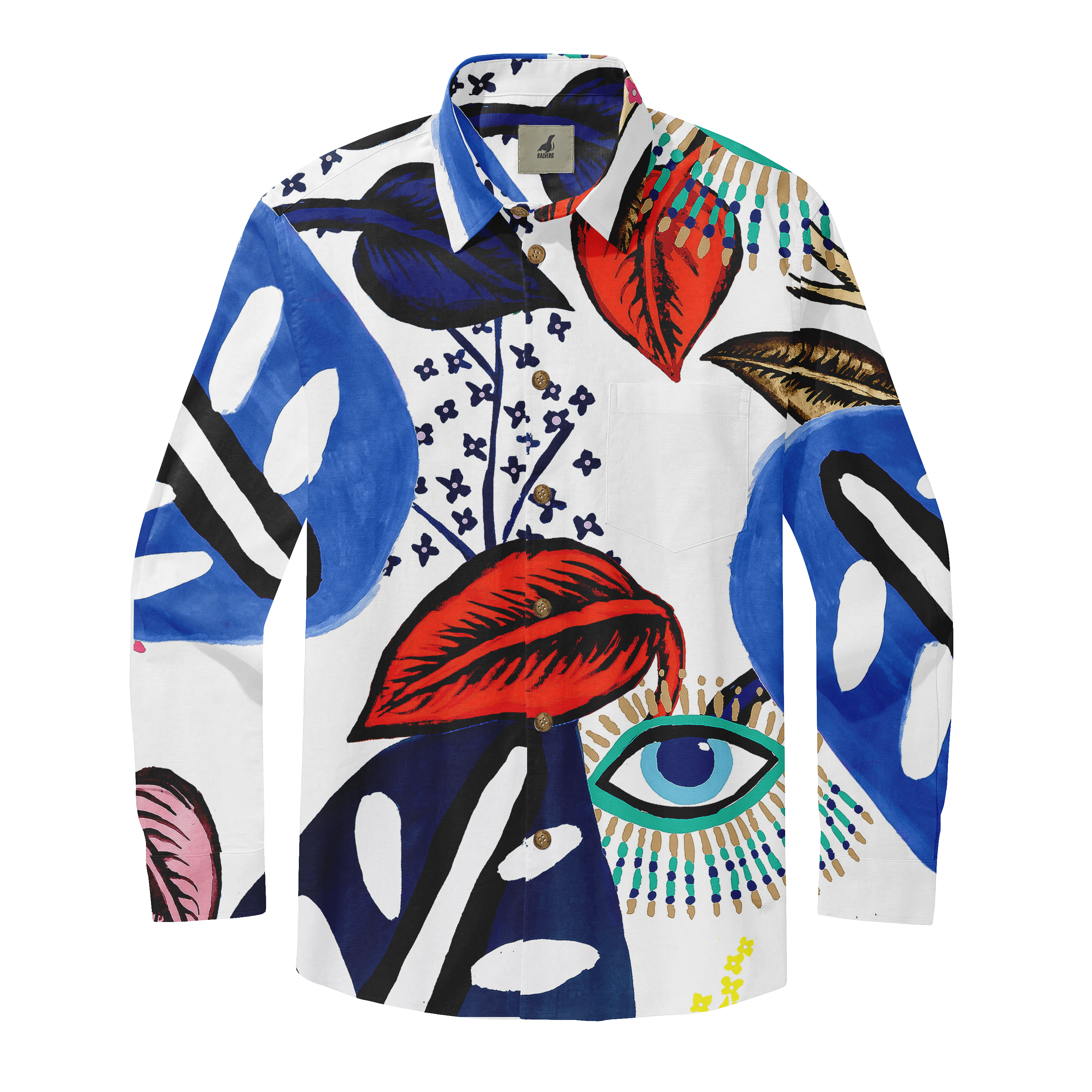 Vibrant, artistic shirt with bold floral and eye patterns in blue.