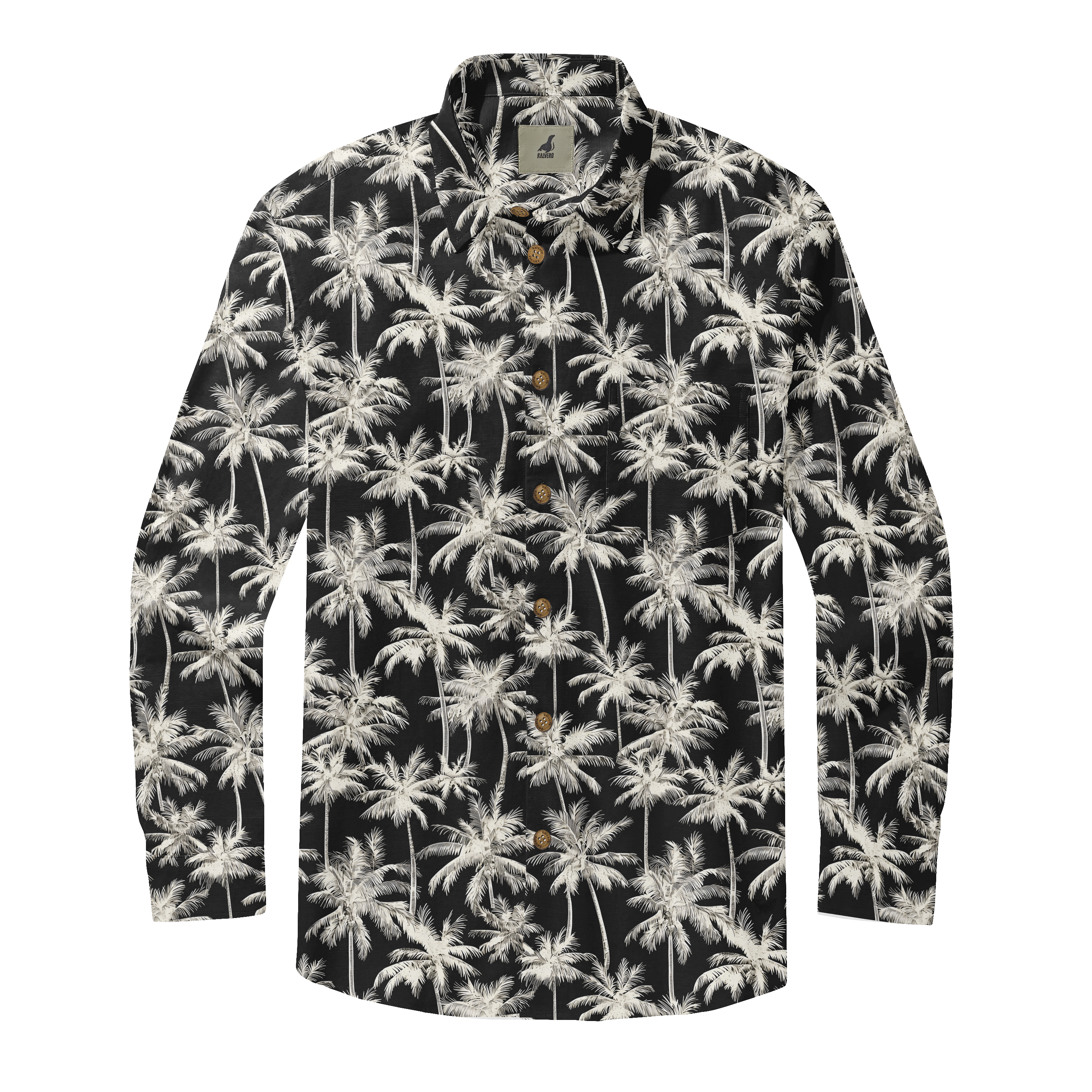 Black long-sleeve shirt with white palm tree print, button-down.