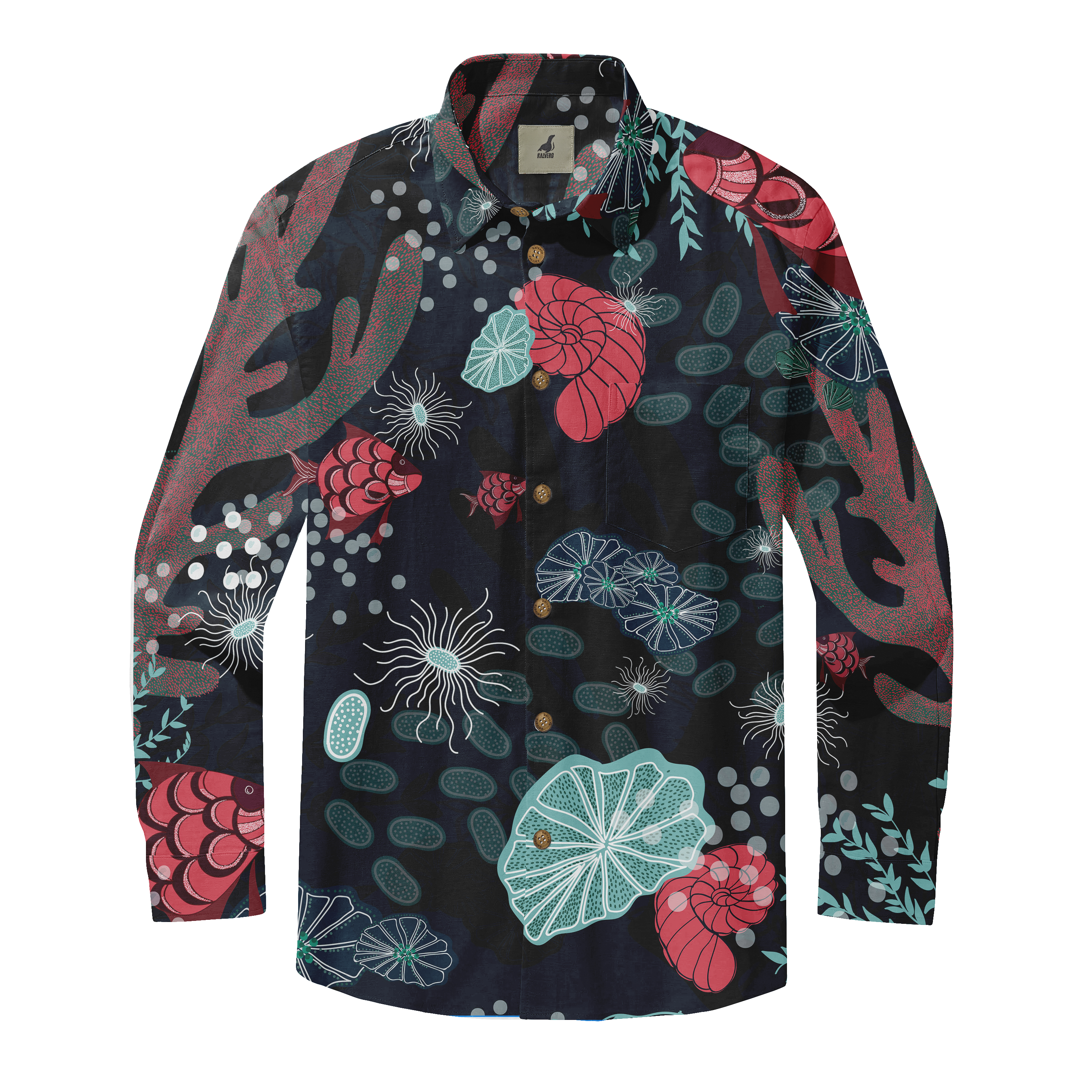 Dark blue long-sleeve shirt with vibrant coral, fish, and sea life.