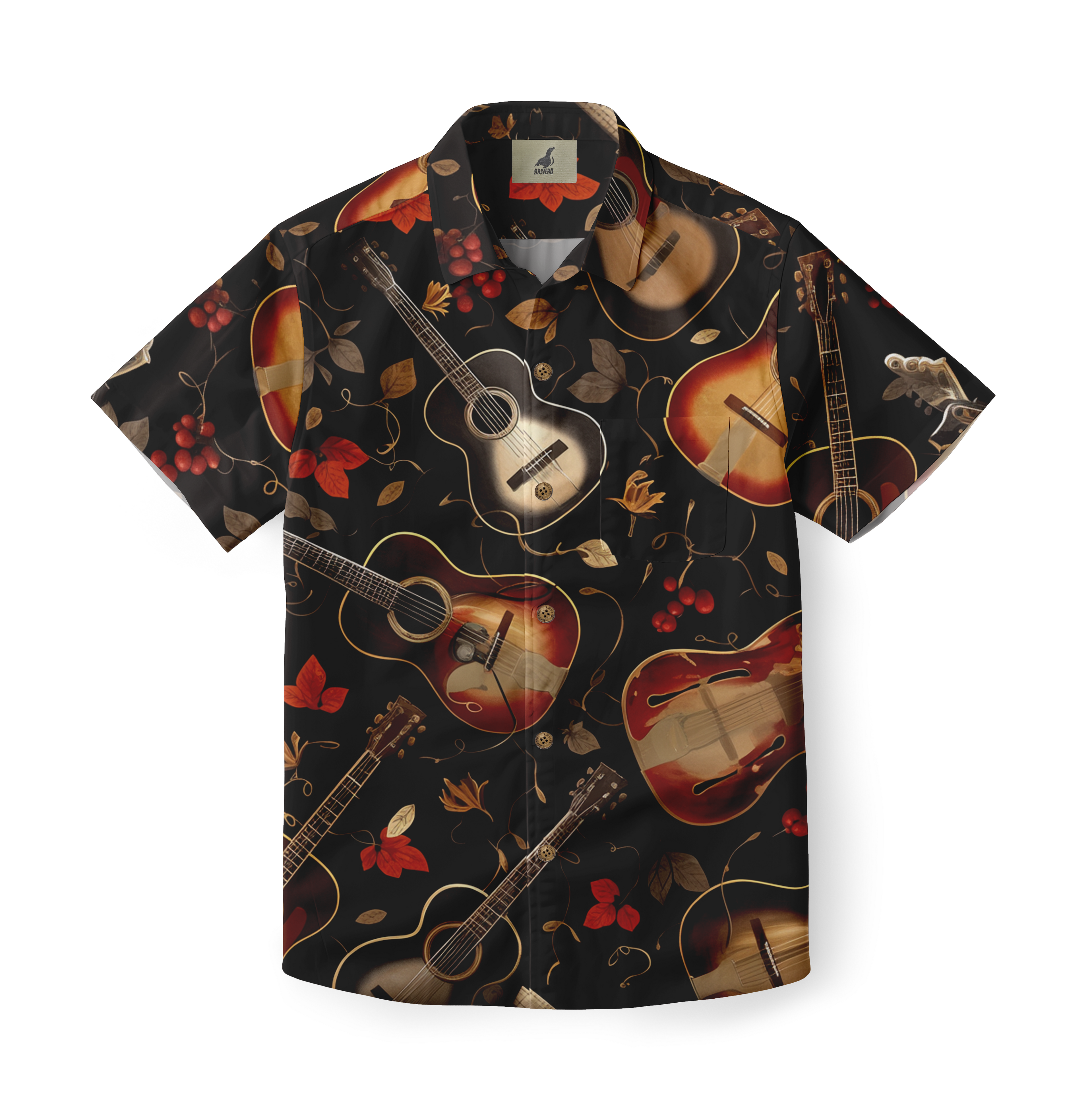 Black shirt with guitar and leaf pattern, featuring red flowers.