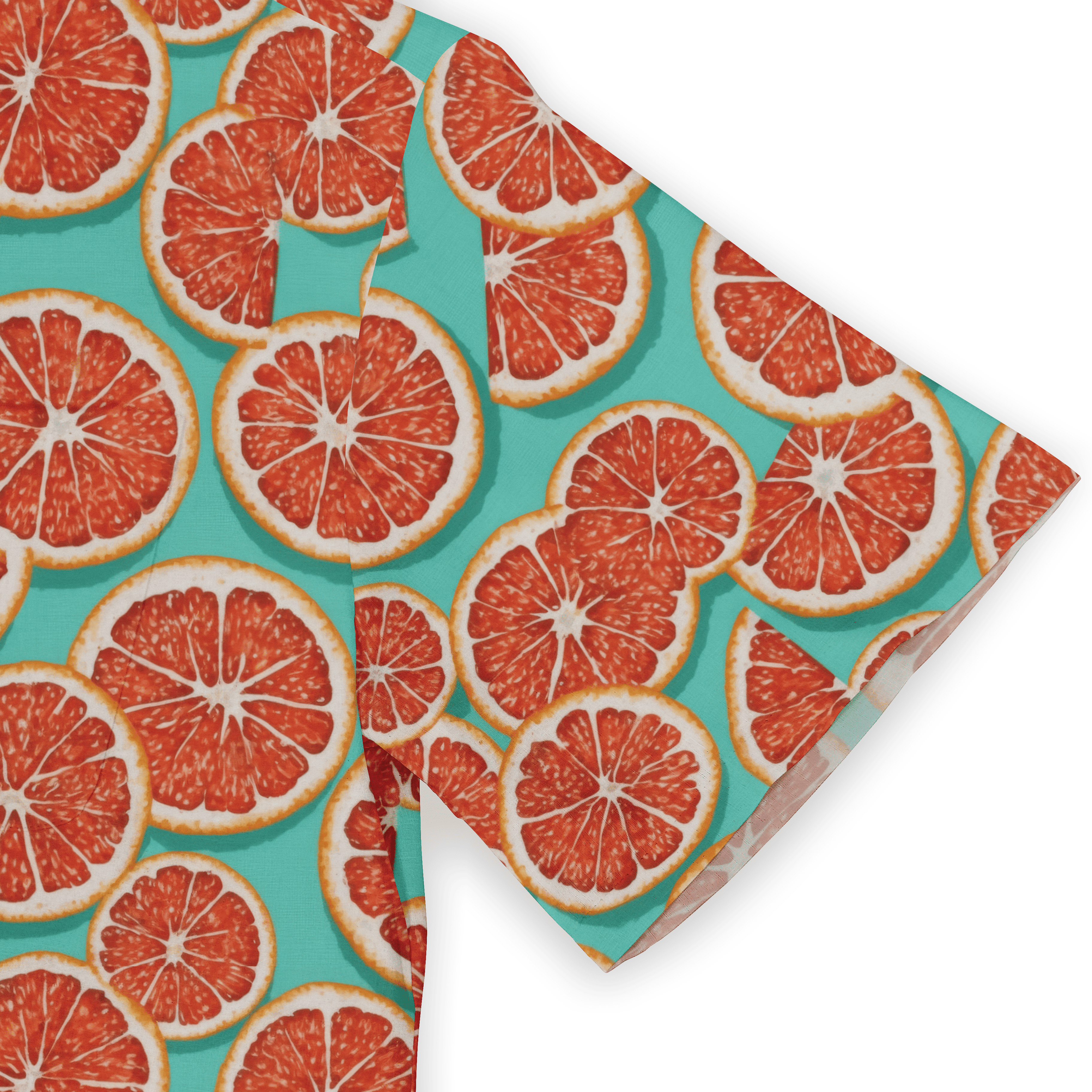 A vibrant turquoise cloth with a repeating pattern of sliced.
