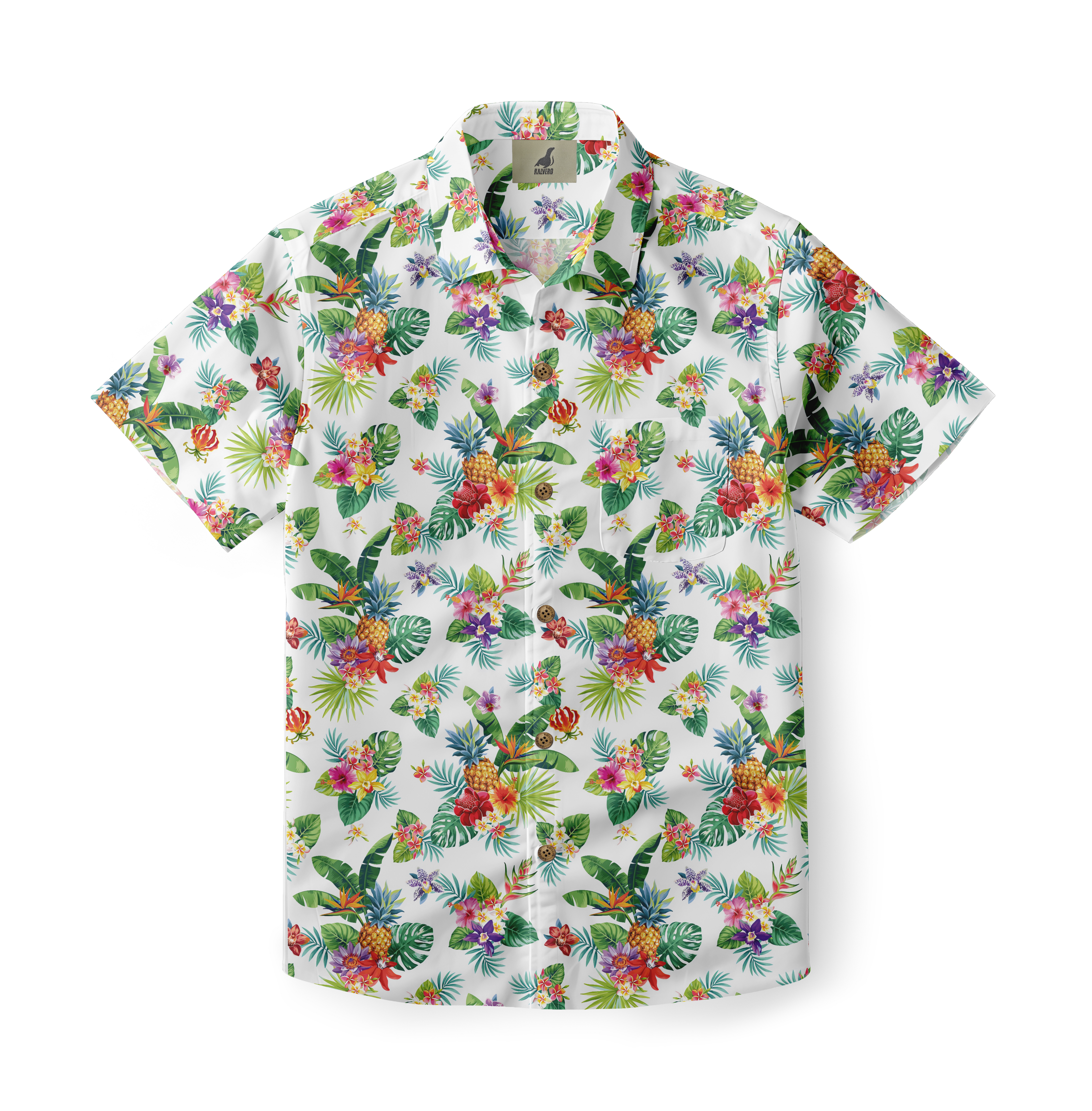 White shirt with colorful tropical flowers and pineapples.