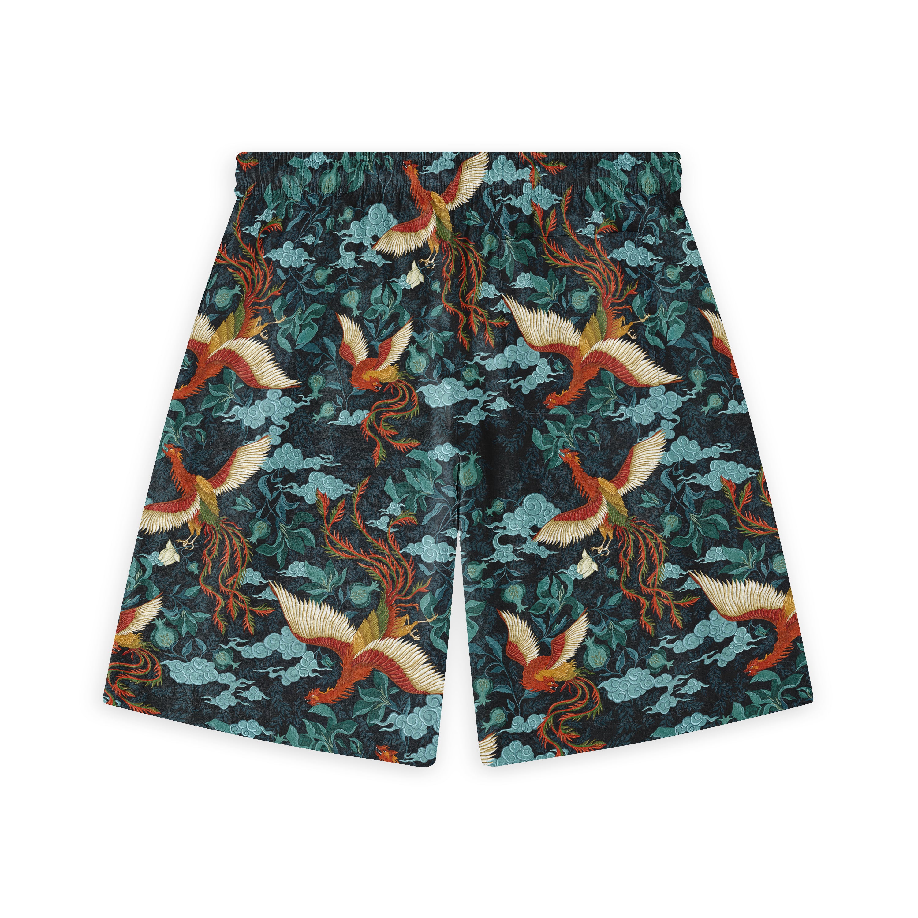 Dark blue shorts with vibrant phoenix and cloud patterns in red.