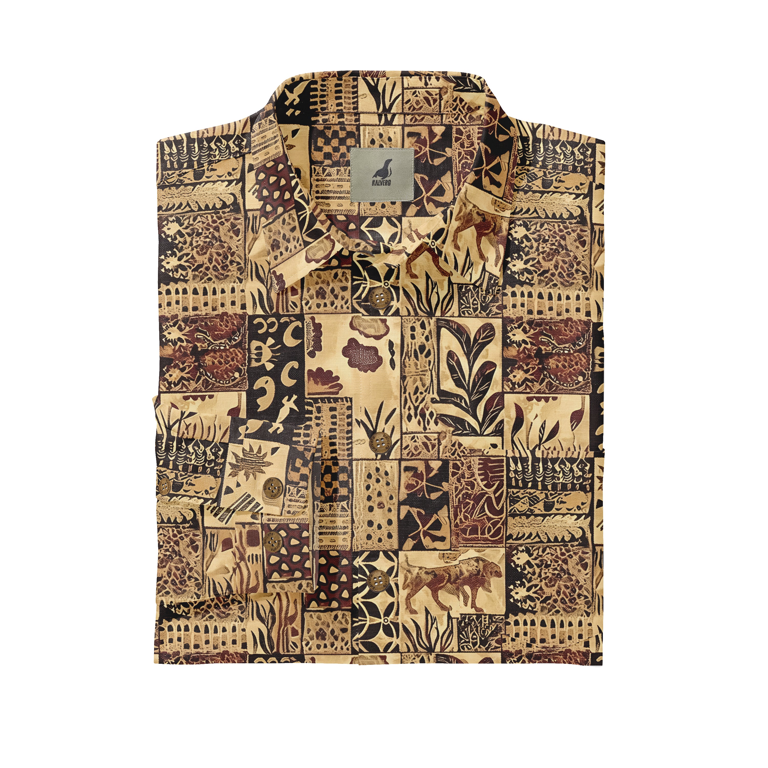Patterned short-sleeve shirt with intricate tribal and animal motifs.
