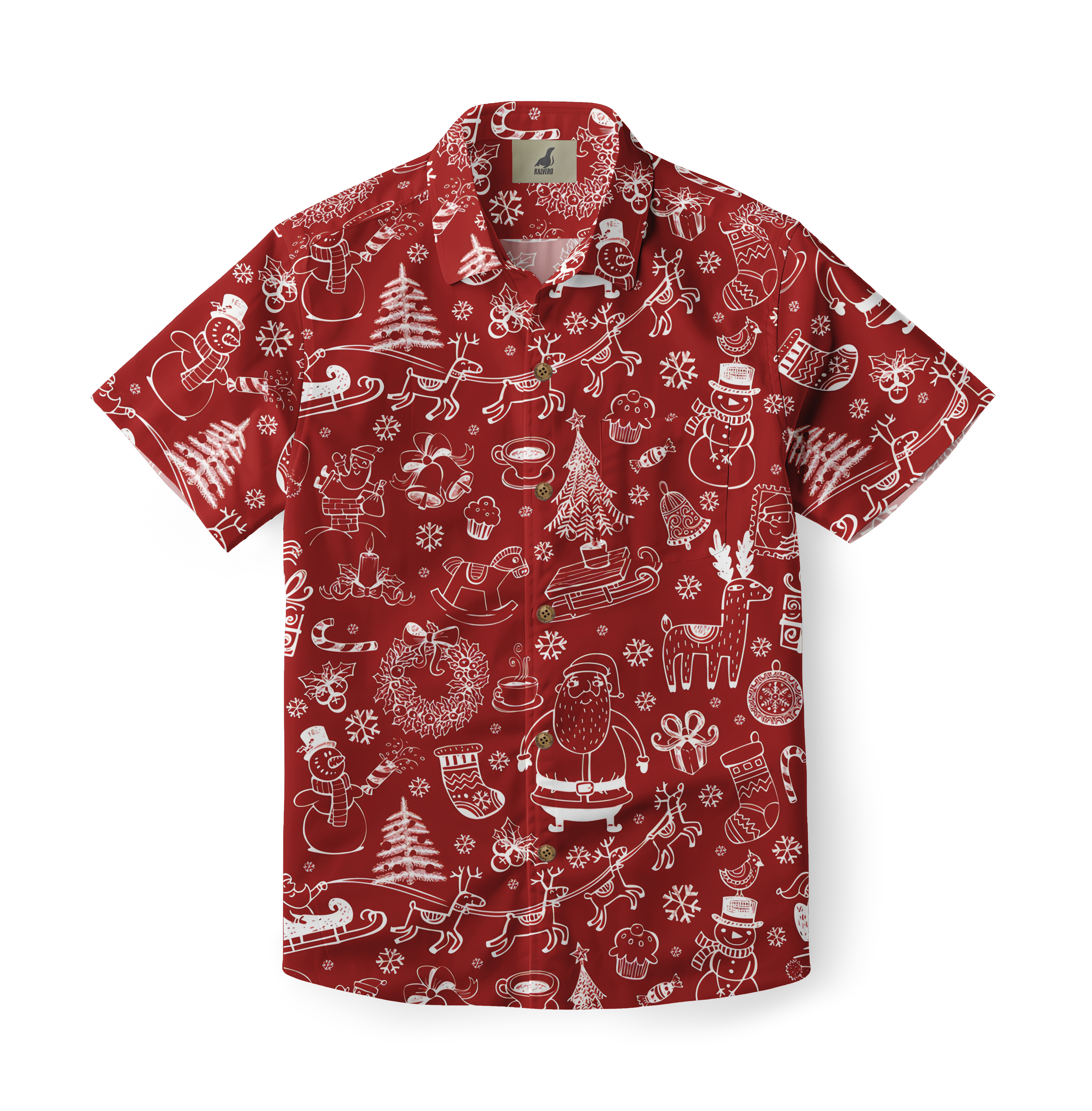 Red Hawaiian shirt with white Christmas-themed pattern featuring.
