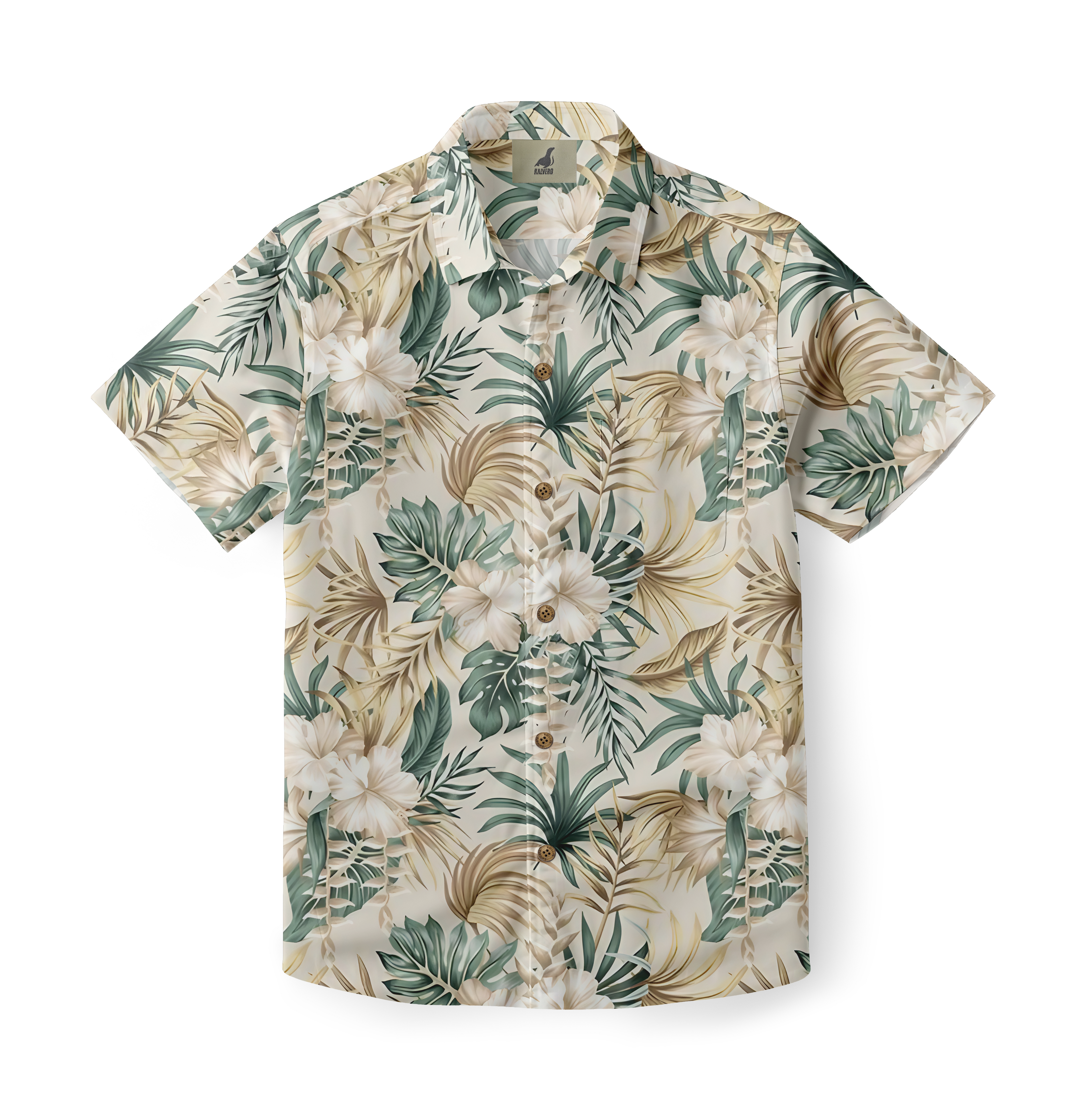 Beige short-sleeve shirt with tropical floral print.