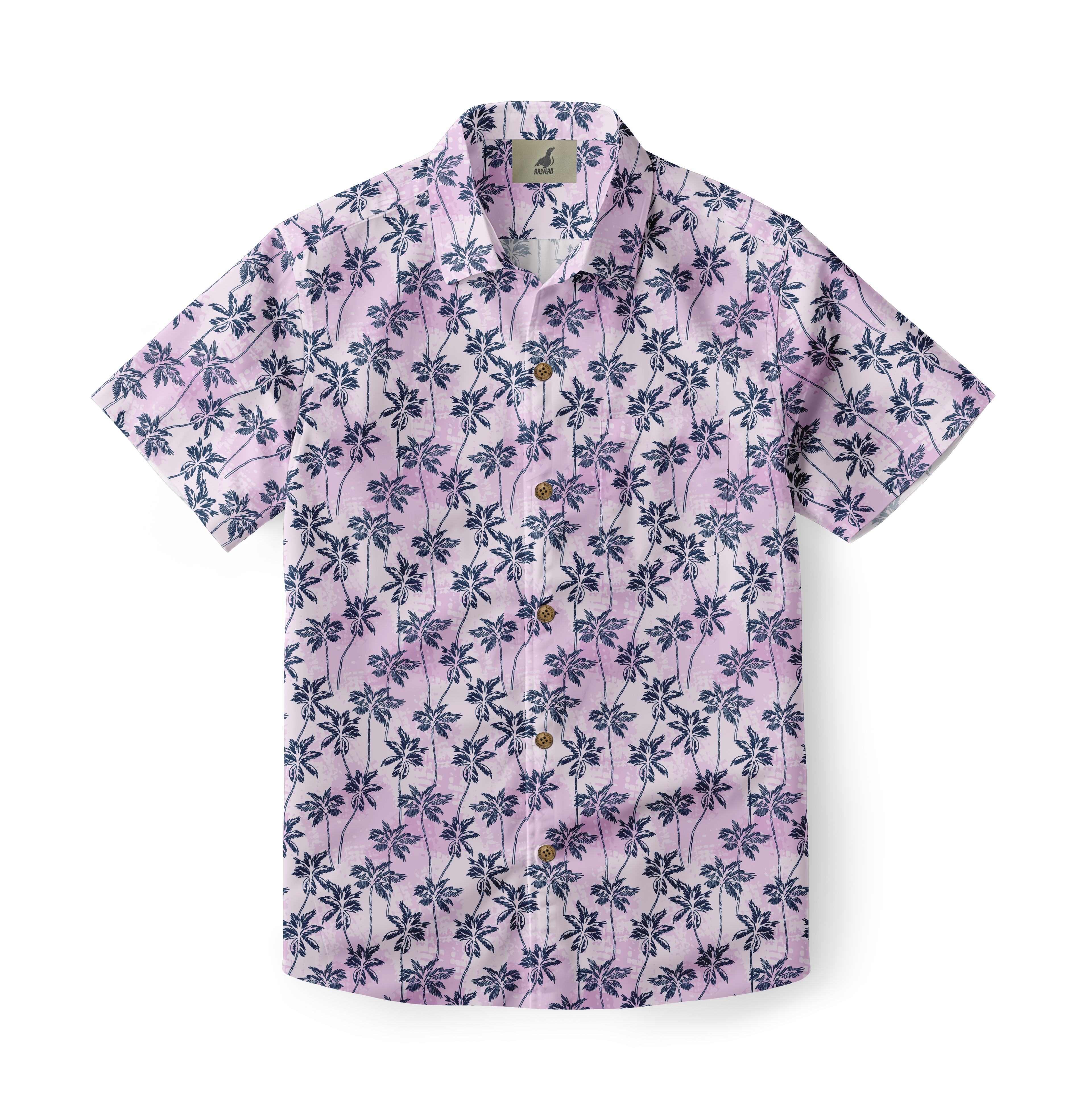 Pink shirt with navy palm tree print, short sleeves.