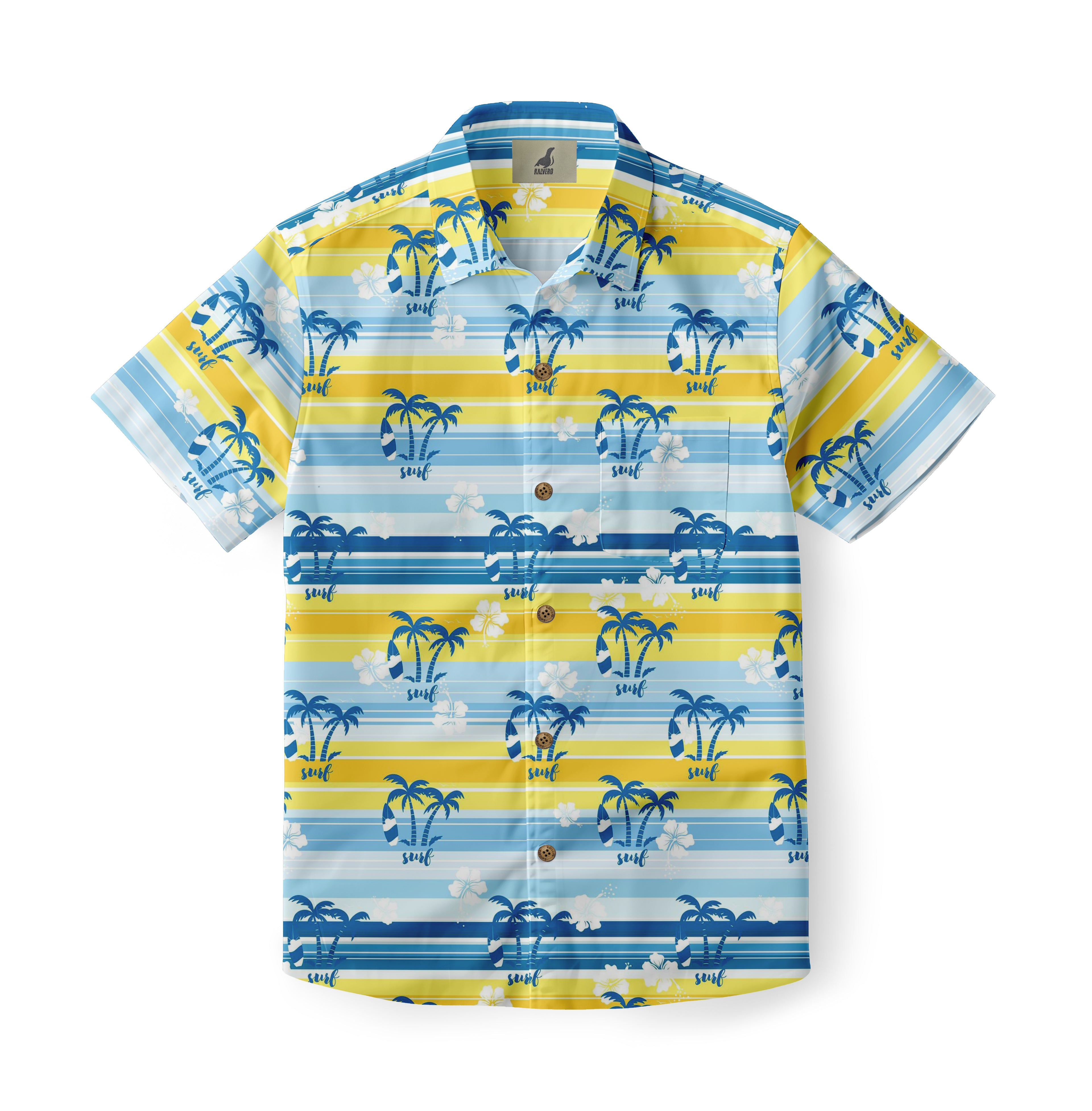 Yellow and blue striped shirt with palm trees and flowers.