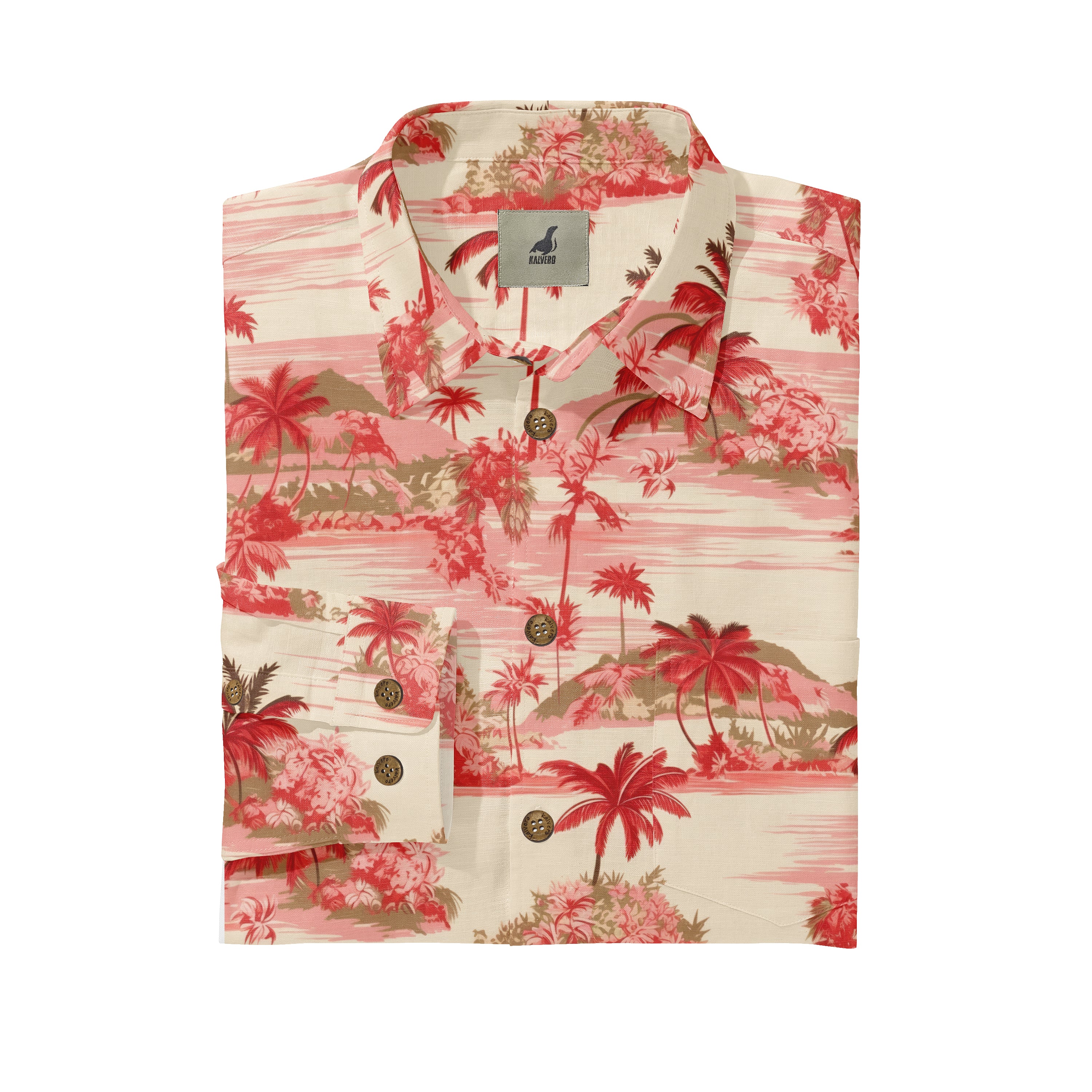 Tropical print shirt with red palm trees, pink stripes, and beige.