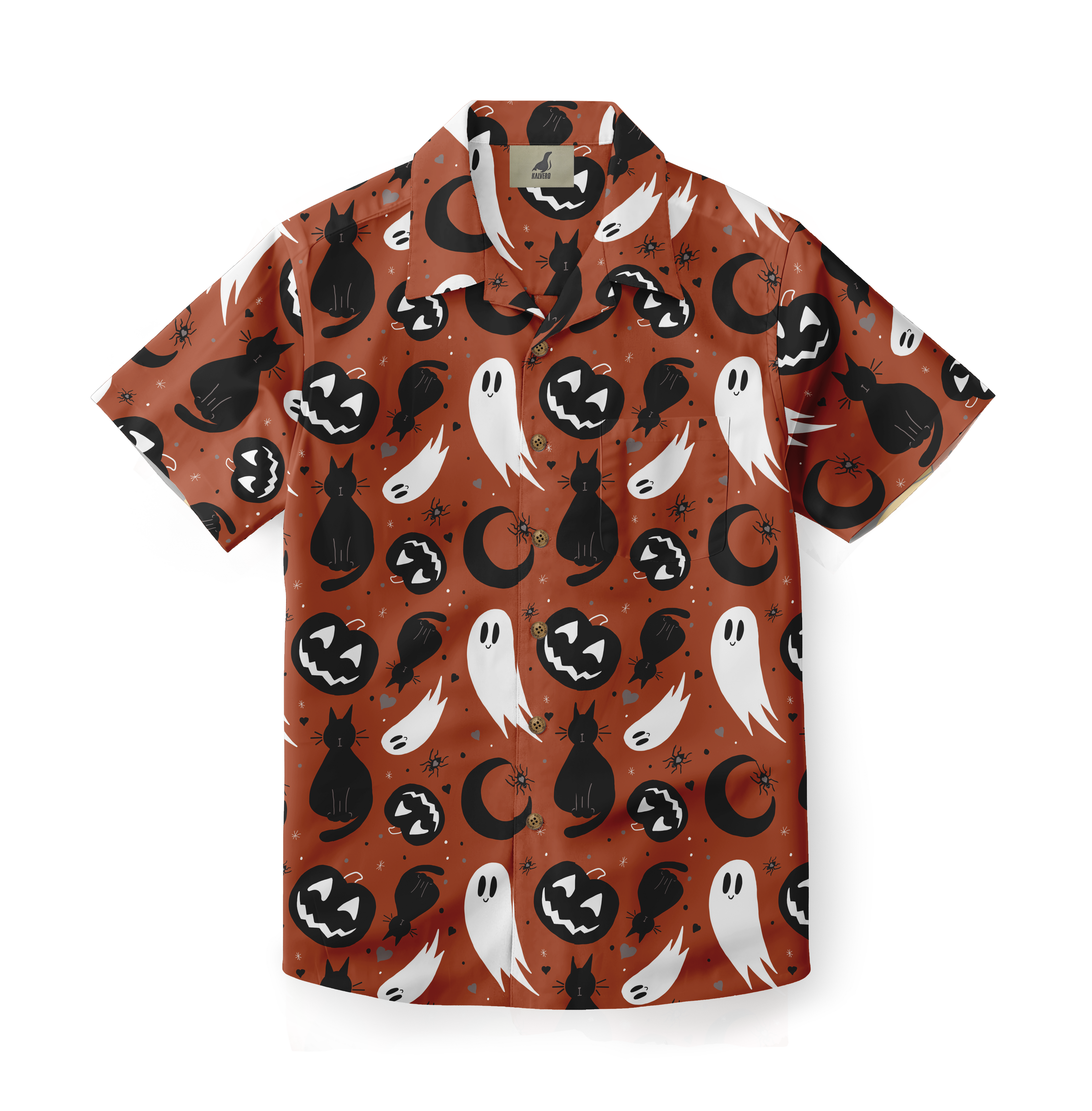 Halloween-themed orange shirt with black cats, ghosts, pumpkins.