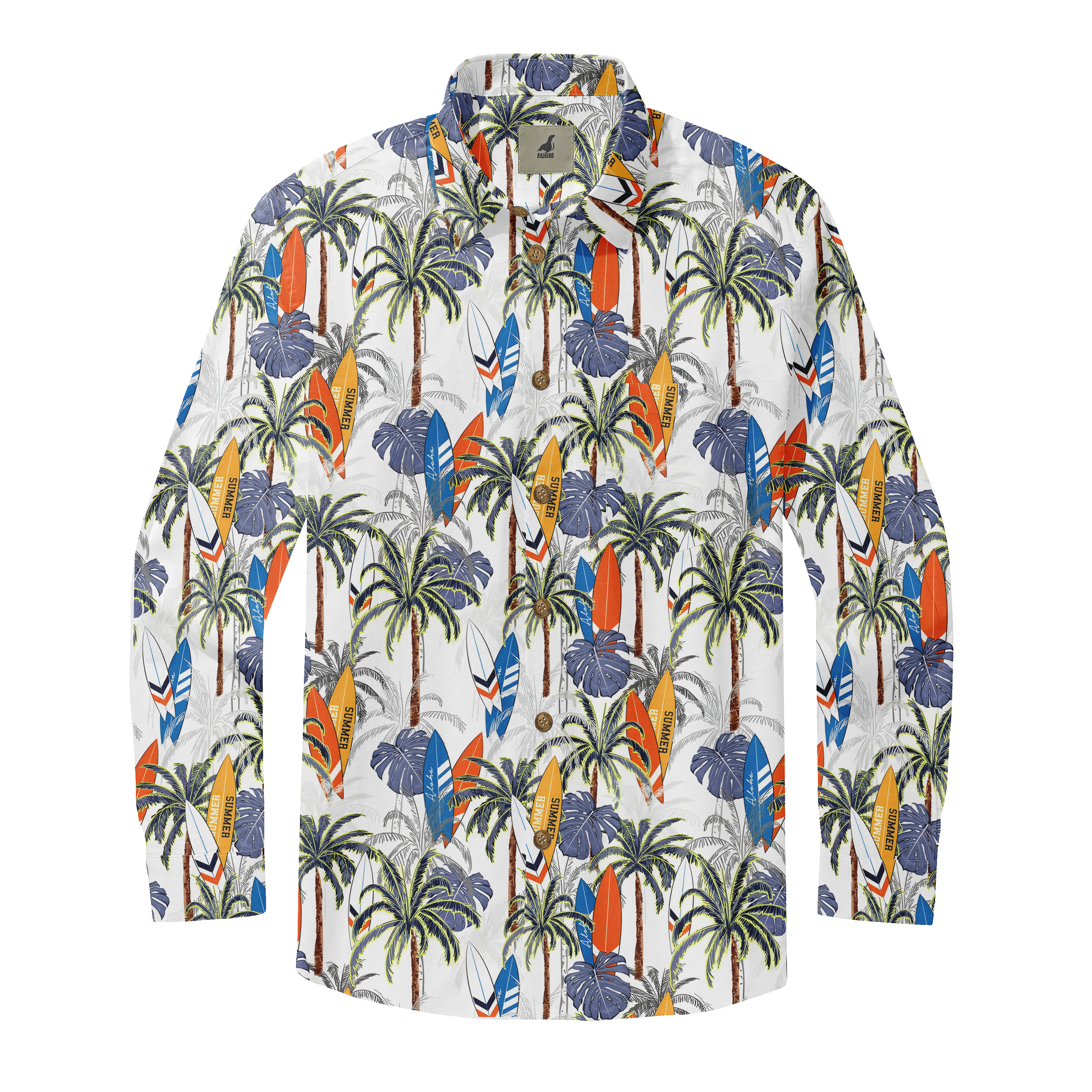 White long-sleeve shirt with vibrant tropical print featuring palm.