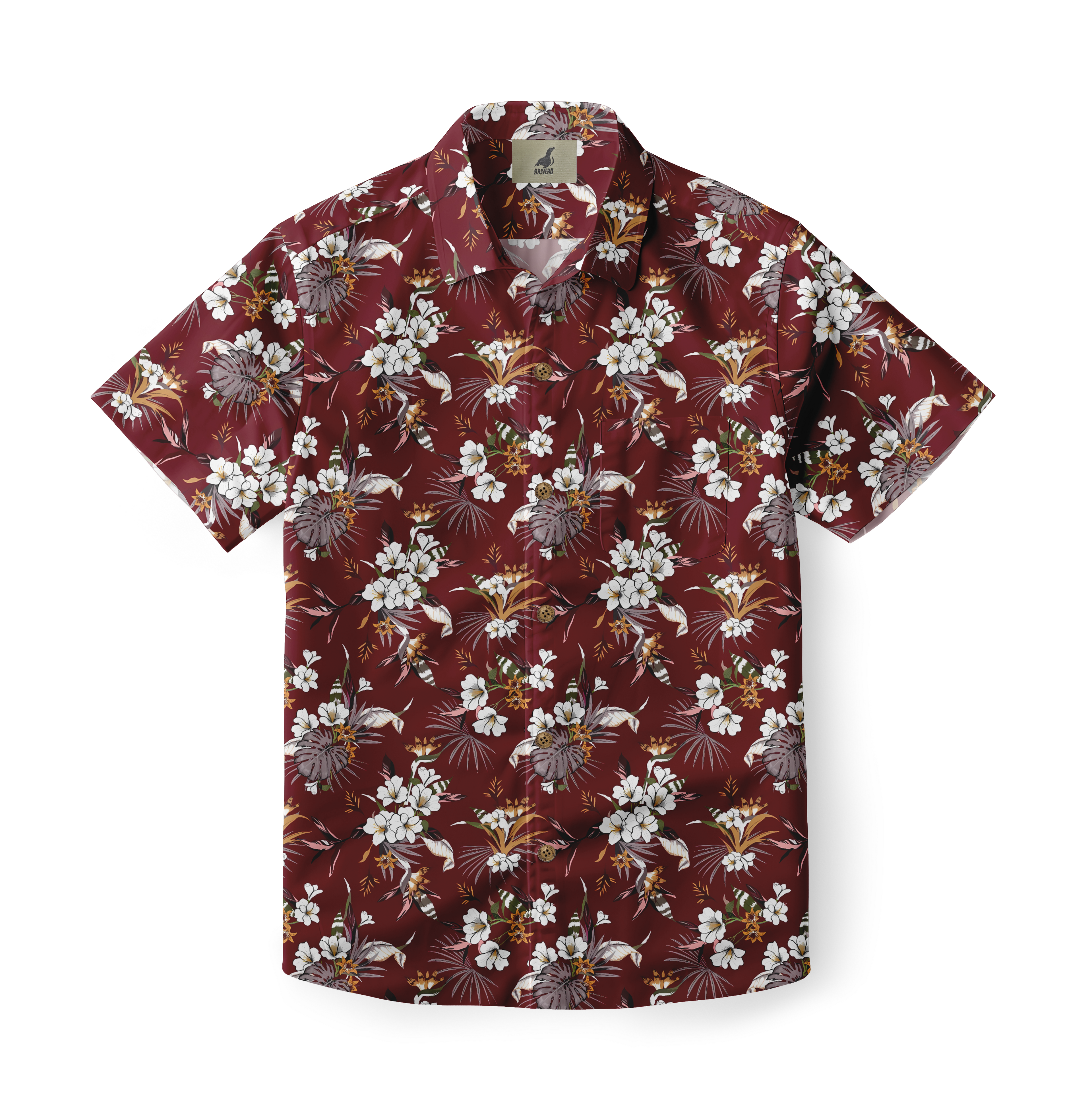 Red floral short-sleeve shirt with white flowers and green leaves.