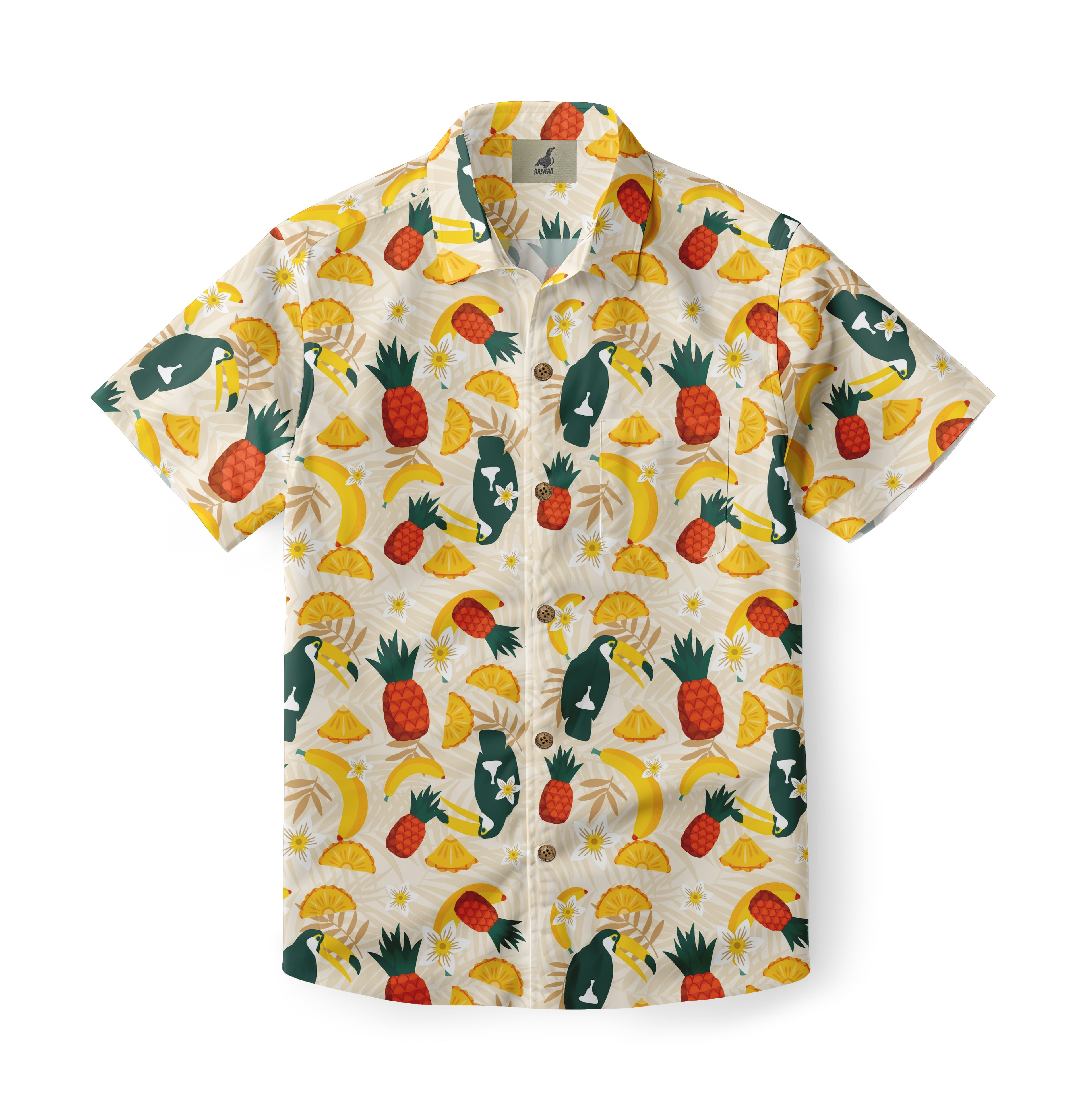 Colorful tropical shirt with pineapples, bananas, and toucans.