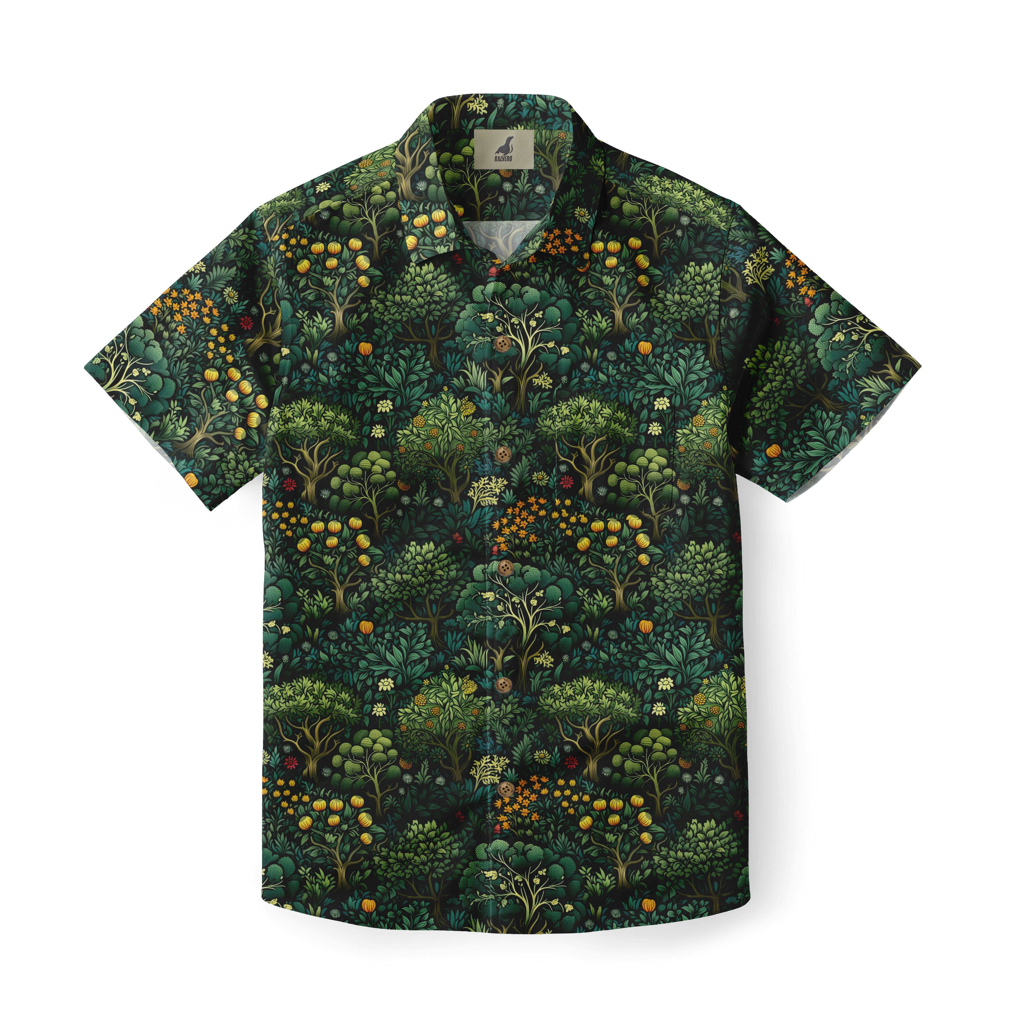 Green floral patterned short-sleeve button-up shirt.