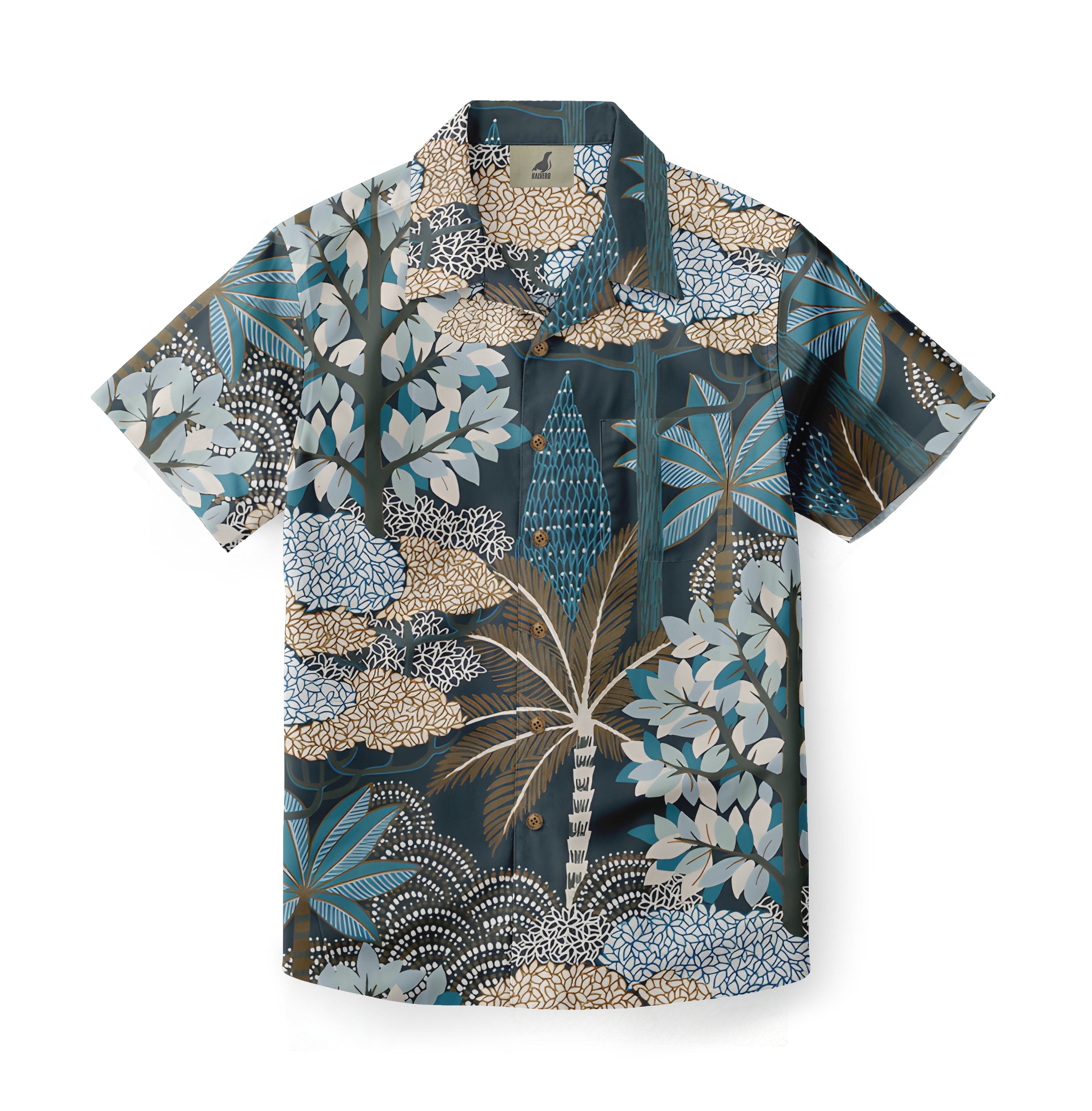Blue tropical print shirt with palm trees and leaves.